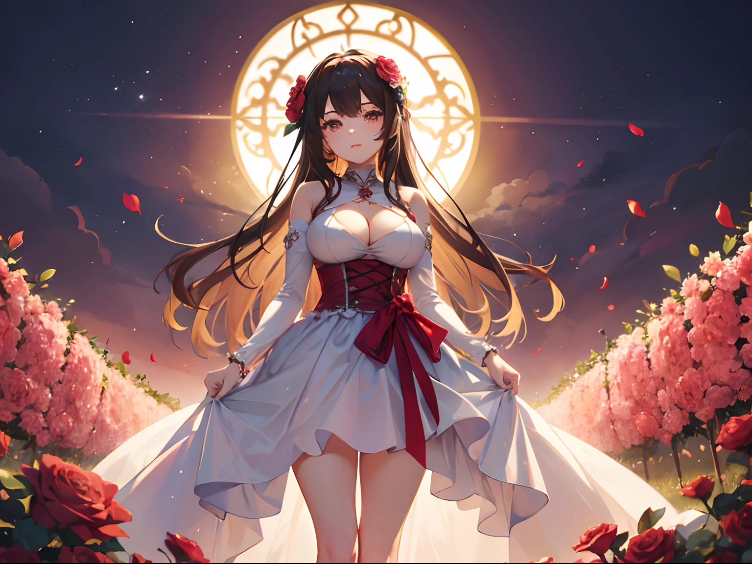 1girl, big breast, enchanting masterpiece, wearing a graceful rose-colored dress, standing in a captivating flower meadow, illuminated by cinematic lighting.