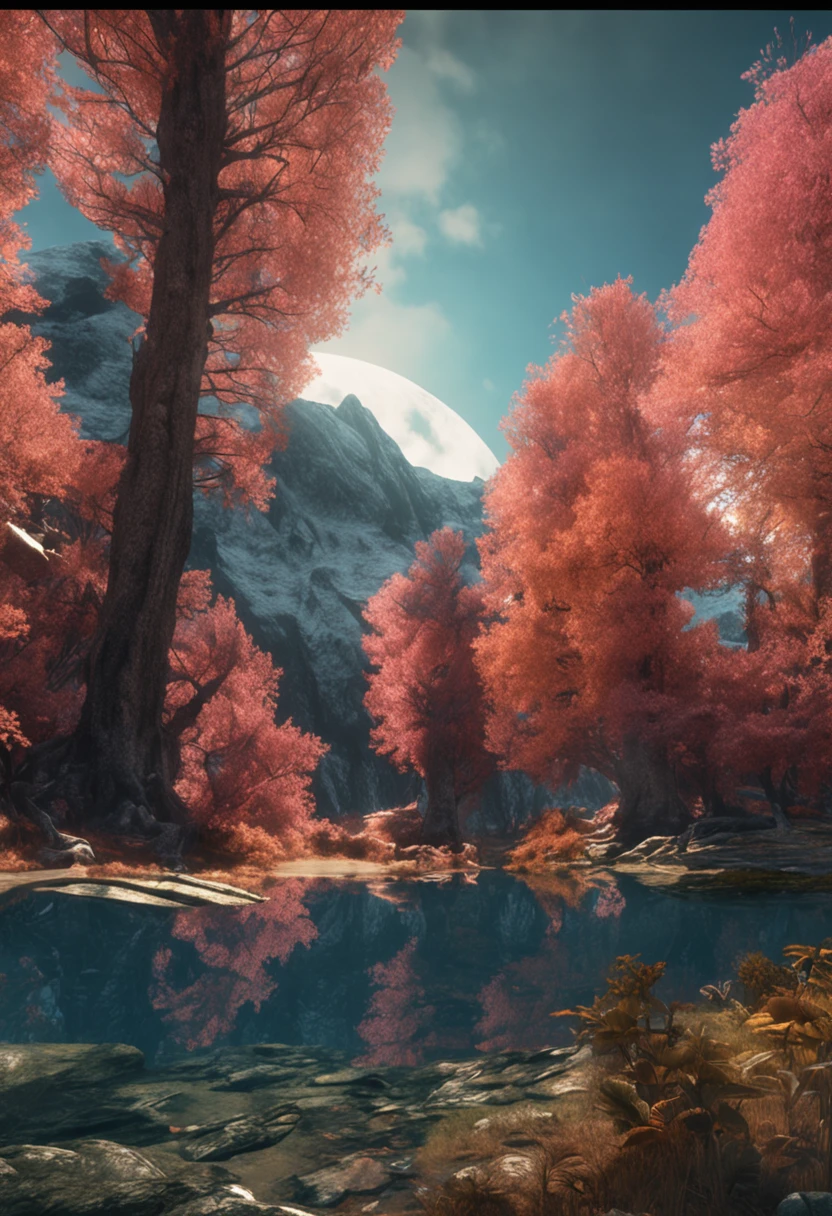 (Dark magic:1.2), (Grim:1.1) forest, springtime,A man stands in the Alps, (Intricate details), A mirror-like lake,(ultra - detailed), 8k hdr, high detal, A lot of detail, High quality,Tyndall effect, (Colored:1.3)