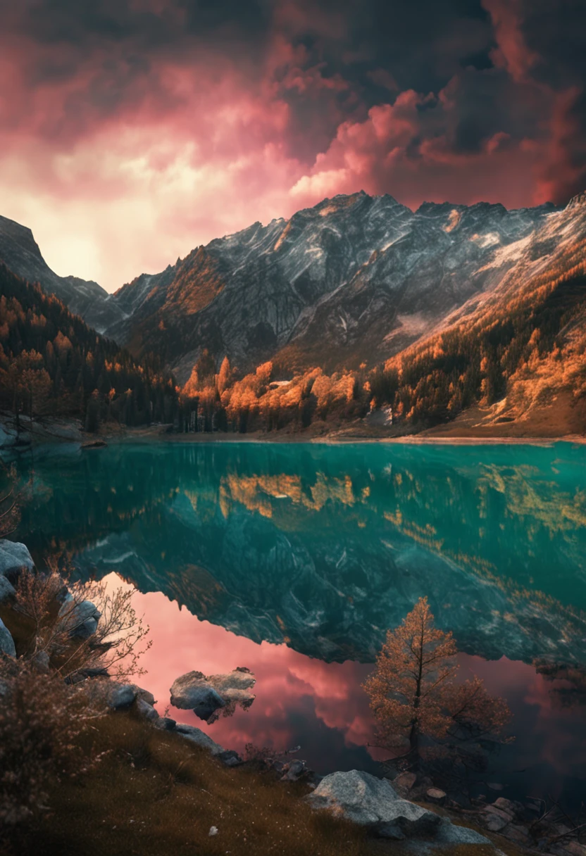 (Dark magic:1.2), (Grim:1.1) forest, springtime，A man stands in the Alps, (Intricate details), A mirror-like lake，(ultra - detailed), 8k hdr, high detal, A lot of detail, High quality,Tyndall effect， (Colored:1.3)