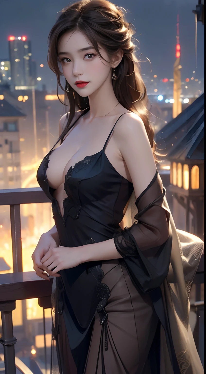 ((Best quality, 8k, Masterpiece: 1.3)), Selfie, Sharp focus: 1.2, Cute beautiful woman with perfect body: 1.4, Slim big breasts: 1.2, ((Brown hair dark, Big breasts: 1.2)) , (small transparent dress, half naked, highly detailed breasts, Happy expression, Standing: 1.2), ((Night view of the city with rain, Balcony simple: 1.3 making with the female being the main focus)), Highly detailed face and skin texture, Detailed eyes, Double eyelid