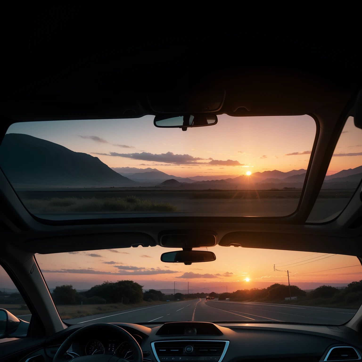 the setting sun，evening light，view from long distance，realisticlying，plethora of colors，Gorgeous and colorful，Shoot at night，Positive，natural style，hdr shot，Inside the car，Look inside the car，Sunset is just ahead，Faraway view，Blurred foreground，Ultra-clear details，Ultra photo realsisim，telephoto lenses