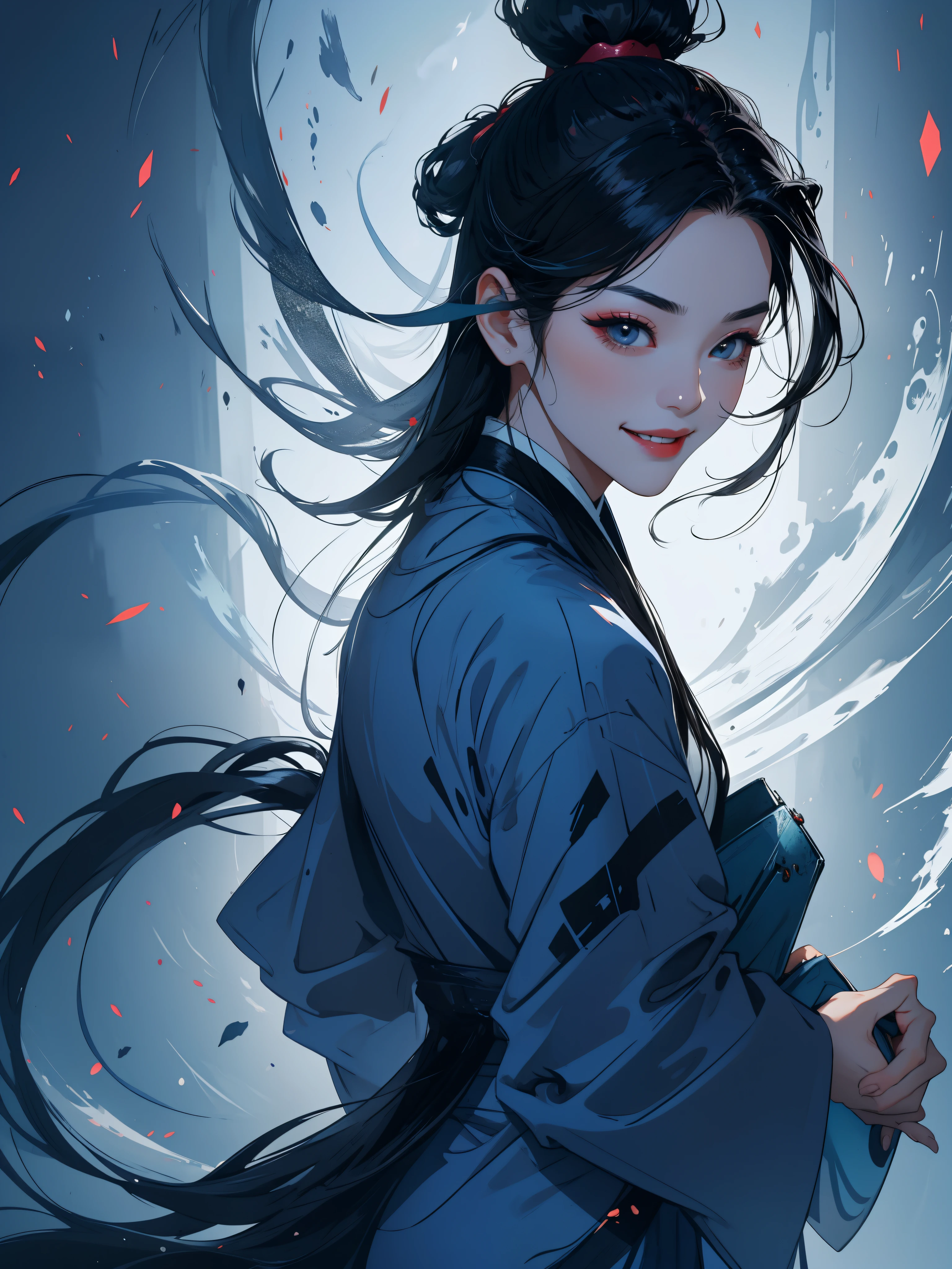 Costume costumes,Black flowing straight hair,The expression is evil and smiling