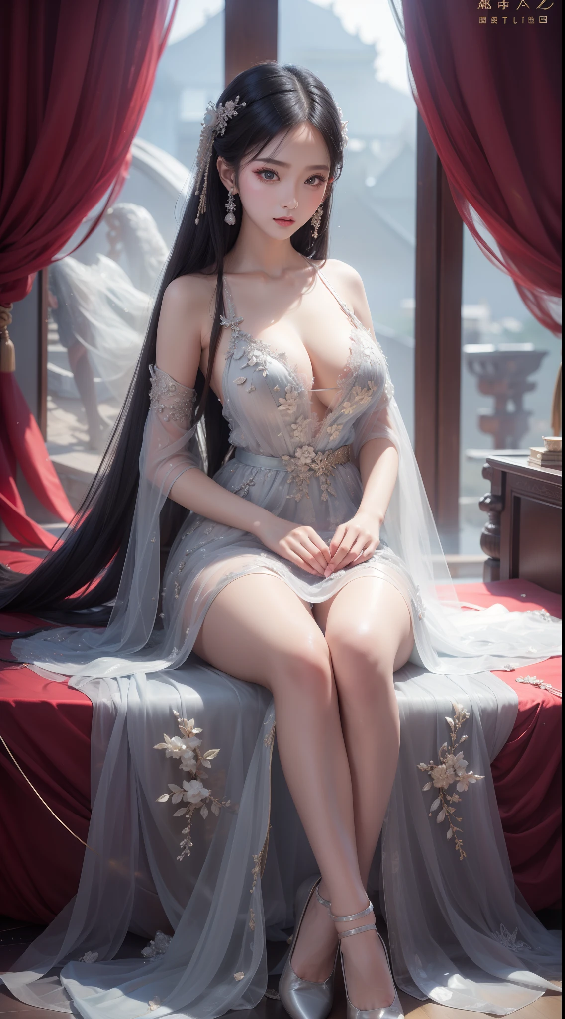 A girl，年轻，Black color hair，horse tailed，Wearing a white tulle dress，A layer of clothing，cleanness，Looming skin，Hanfu style，Exposed cleavage，huge tit，High quality white stockings，real silk，Raised sexy，perfect bodies，inside in room，splendid，Sitting，独奏，Full body capture，best qualtiy，best illuminate，Highest high resolution，16k，Meticulous details，very clear picture，RAW photos，