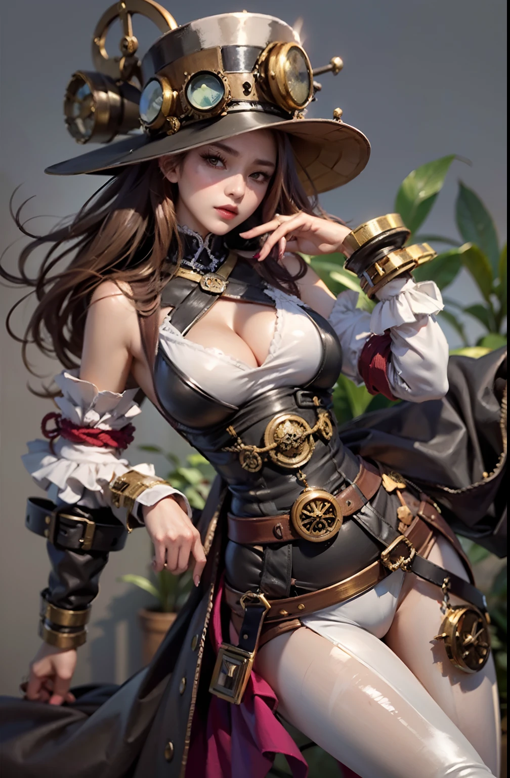 Lady of Alafed – Steampunk costume and hat pose, steampunk beautiful anime woman, a lady in a steampunk hat showing off her nails, in the style of tomàs barceló, fish-eye lens, happycore, culturally diverse elements, dark brown and magenta, dr. seuss, absinthe culture, by Yang J, guweiz on artstation pixiv, Stunning character art, cushart krenz key art feminine, fantasy outfit, guweiz on pixiv artstation, chengwei pan on artstation, style of wlop