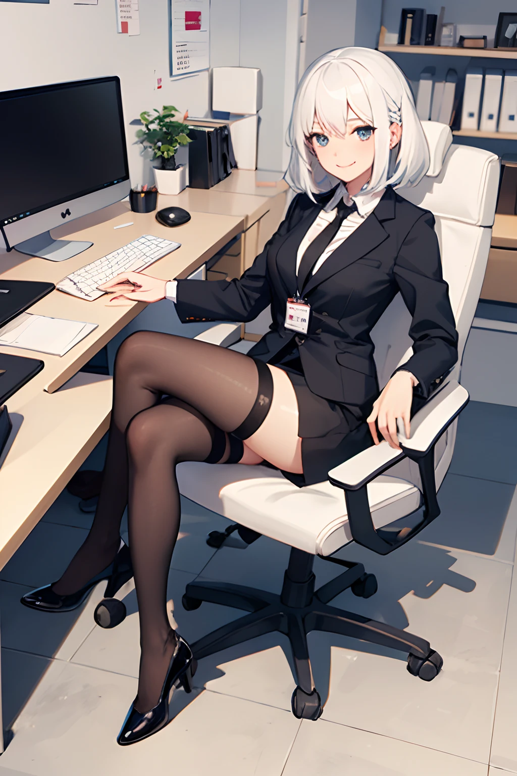 1girl, white hair, seductive smile, medium breasts, black thigh highs, neck tie, secretary outfit, office clothes, office room, chair, sitting on chair, full body,