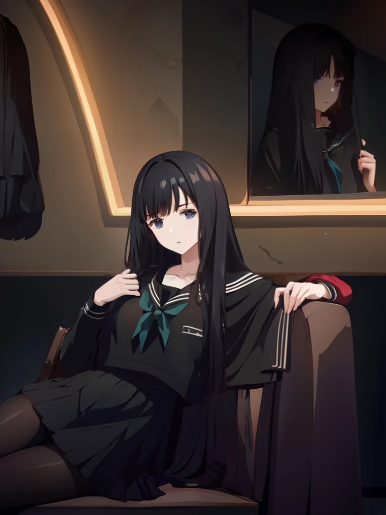 (masterpiece, best quality:1.2),illustration,8k,hd,1girl,solo,cowboy shot,upper body,(portrait:1.2),long_hair,black_hair,school_uniform,collarbone,blunt_bangs,black_eyes,black_serafuku,black_skirt,long_sleeves,pantyhose,pleated_skirt,neckerchief,hime_cut,