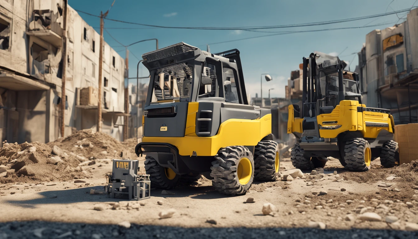 Men's white top，Denim cargo pants，Wash the machine with Karcher，Clean yellow cement truck，夏天，Blue sky，Construction site scene，ultra-realistic image，Miniature scenes，centered composition，Elevation viewing angle，ultra-realistic image，Real-world scenarios，8K分辨率，Meticulous and minimalist environment，The is very detailed，top-quality，artsy photography，Miniature scenes，Cinematic texture