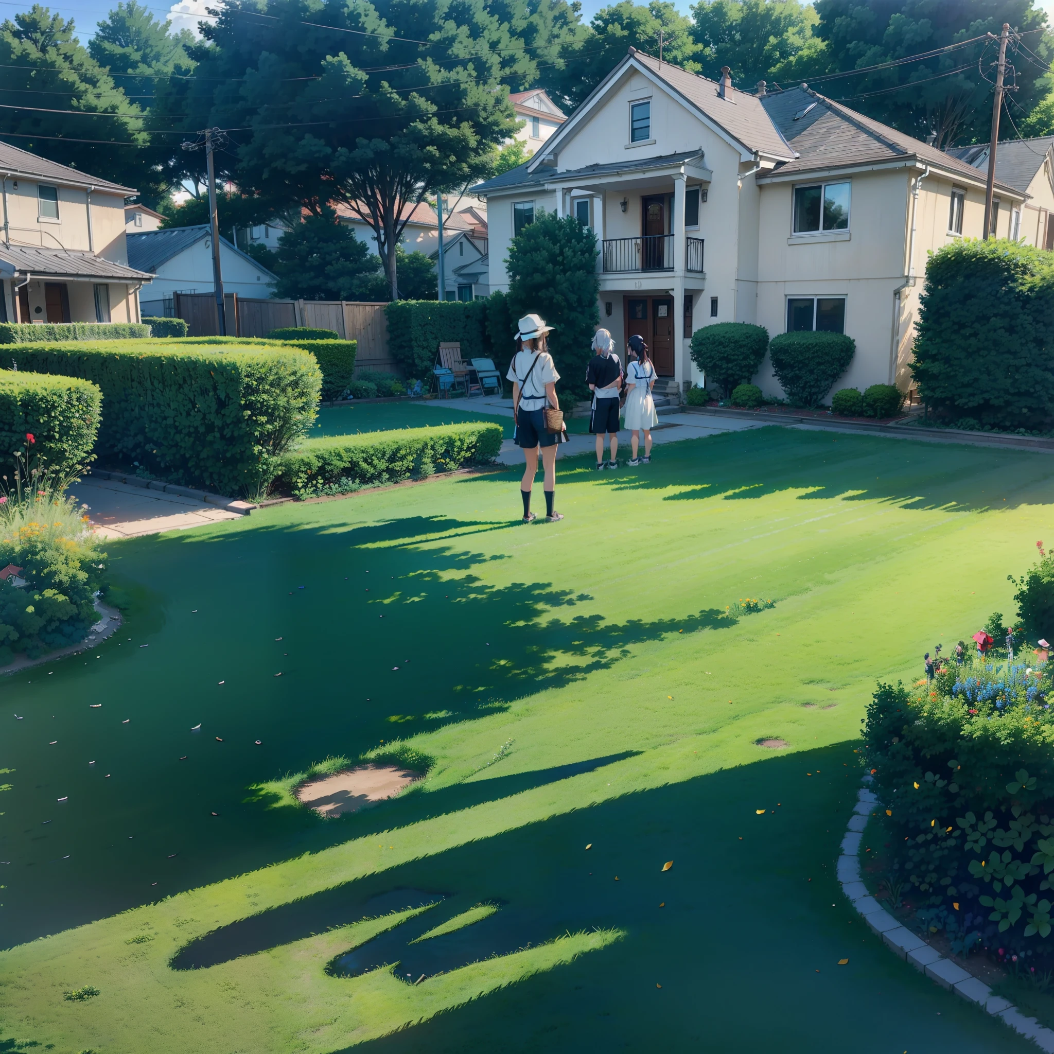 There was a group of people standing outside the house,Two-story building,Outside the house is the yard,grassy fields,Five people,Middle aged,3 men,2 women,2.5D,Anime figure,summertime,rcasual,tmasterpiece,Top image quality,hyper HD,Super A resolution