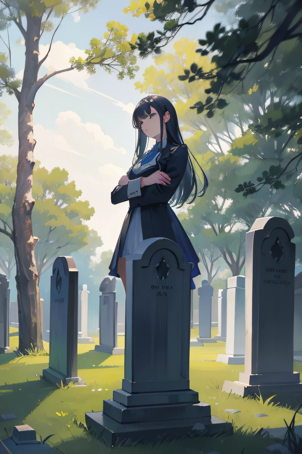 Generate an illustration in an illustrative style that depicts a woman in a top-down view, standing before a tombstone. The woman's gaze is fixed on the grave, His expression is a mixture of somber reflection and perhaps a touch of nostalgia.... La escena debe capturar la tranquilidad de un cementerio, with soft shadows cast by the surrounding trees. The tombstone should be adorned with intricate details, adding to the sense of reverence and timelessness. The overall illustration should convey a quiet moment of remembrance and contemplation amidst the quiet atmosphere of the resting place.....