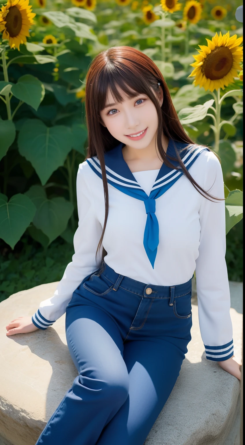 A smiling girl,Wear a tight sailor suit,denim pant,sitting on a large stone,There are a lot of sunflowers around,com rosto detalhado,The eyes are delicate,The photo quality is the best,Realistic image quality,Background diffuse lighting,Depth of field display。