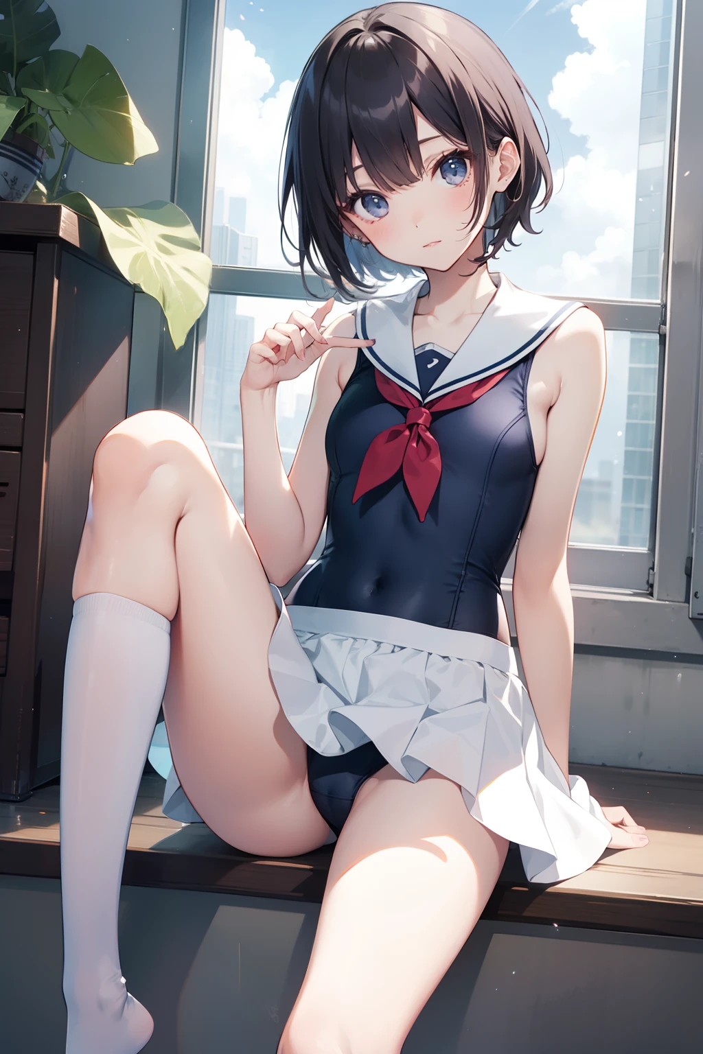 top-quality、Full limbs、complete fingers、Slender beauty、hi-school girl、Bery short hair、knee high、White School Swimsuit