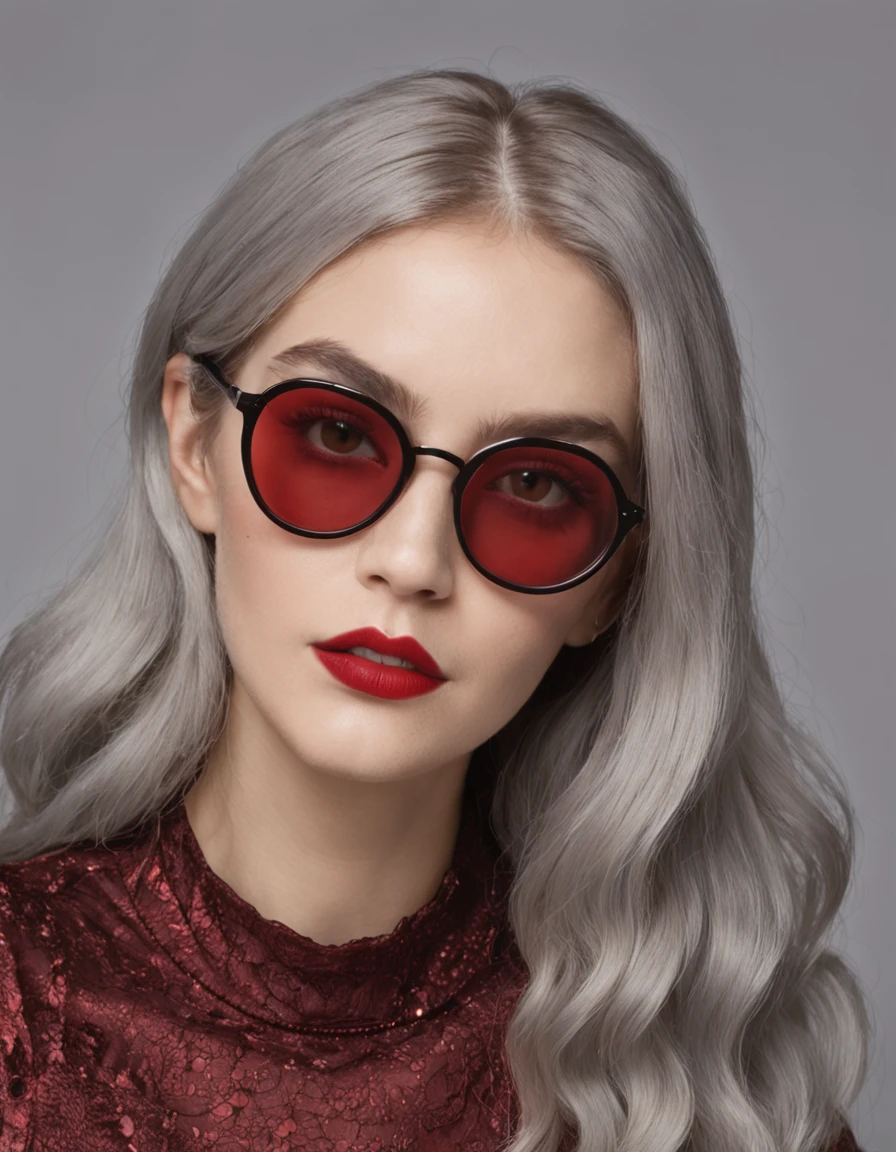 There is a woman with glasses and a necklace with a heart, inspirado por Ion Andreescu, inspirado em Elsa Bleda, No estilo de Petra Collins, cynthwave, wearing red tainted glasses, thick glasses, cabelo longo molhado pingando, with square glasses, thick red lips, cabelo molhado pingando, solo portrait