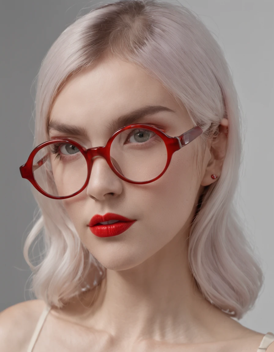 There is a woman with glasses and a necklace with a heart, inspirado por Ion Andreescu, inspirado em Elsa Bleda, No estilo de Petra Collins, cynthwave, wearing red tainted glasses, thick glasses, cabelo longo molhado pingando, with square glasses, thick red lips, cabelo molhado pingando, solo portrait