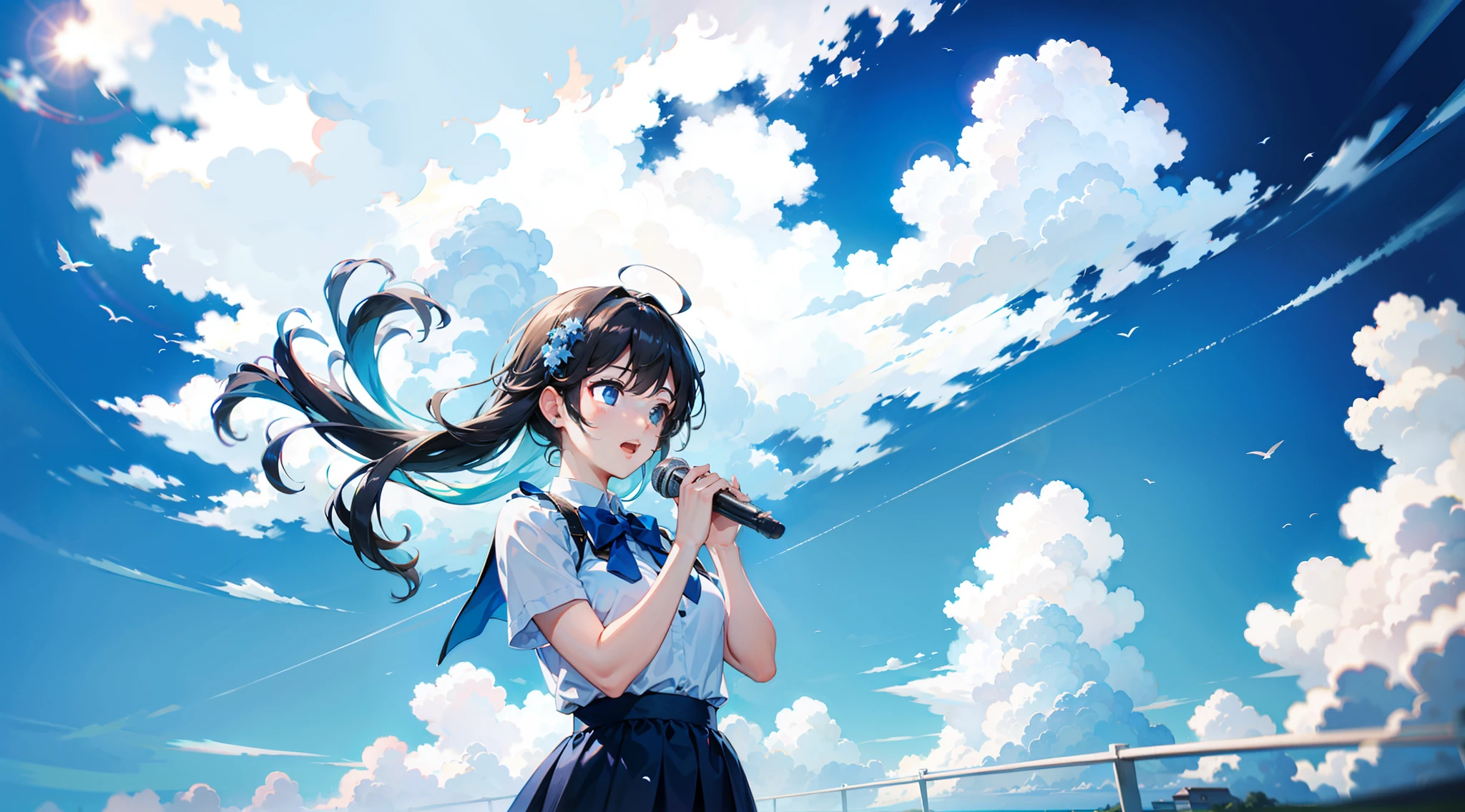 Under the blue sky and white clouds,The girl sings alone