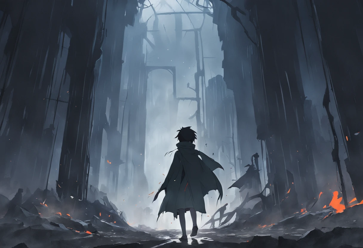A male student in a student uniform and a female student in a trench coat face away from the photo,Walk through vast ruins,Under a black sky,In the distance, There is a fuzzy black monster in the fog。