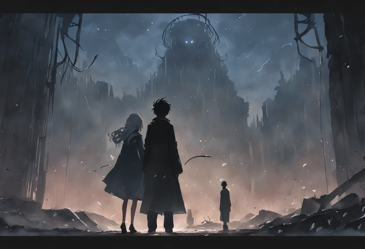 A male student in a student uniform and a female student in a trench coat face away from the photo，Walk through vast ruins，Under a black sky，In the distance, There is a fuzzy black monster in the fog。