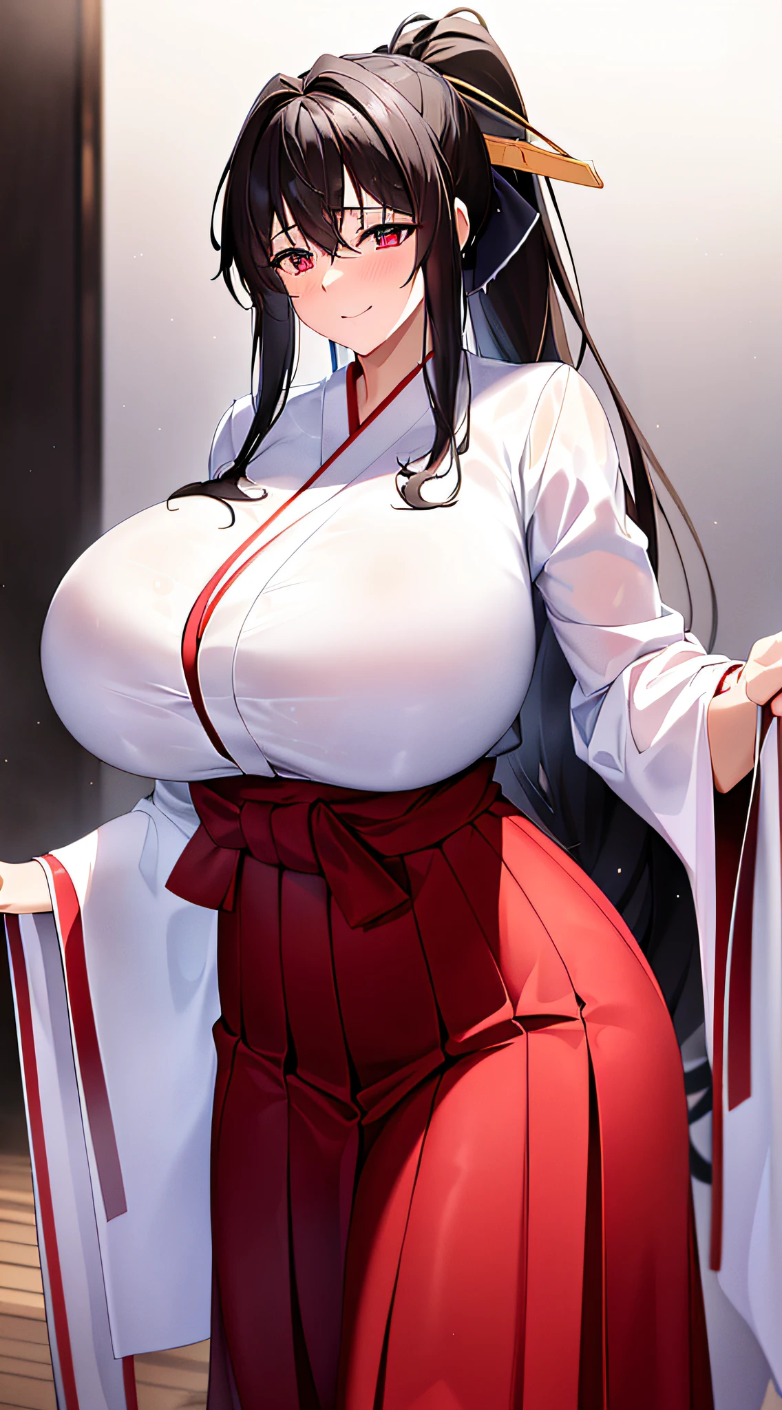 masterpiece++, best quality++, ultra-definition++, ultra-definition++, 4k++, 8k++, from the side, (background focus)++, torii, ((hakama, mature woman in red skirt))++, (red and white shrine maiden outfit), ((white bleached chest))++very detailed, (open happi coat), (super shiny hair and skin), white bleached chest, (wet body) ++, wild mature woman, ((black hair)), white skin, long hair, (ponytail), (Asahi), ((beautiful)), (huge breasts_body: 1.5), (huge breasts_breasts: 1.5), Cleavage, dynamic, bewitching smile, perfect eyes, perfect nose, perfect hands, blond hair, wet body, wild atmosphere, (wet effect)+, (light effect), (movie light like)+, (like light movie)+