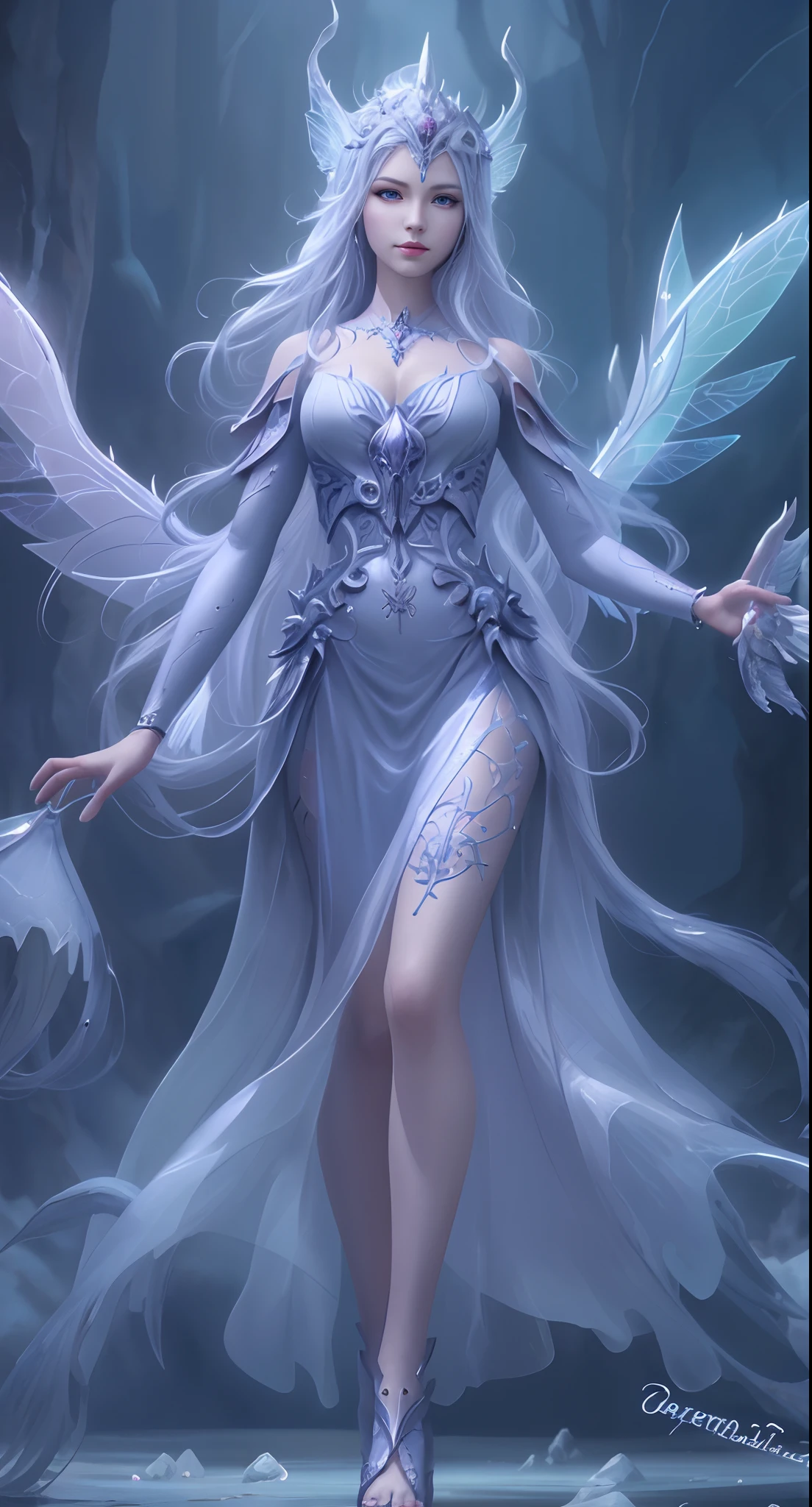 The Snow Queen, she wearing Long silver glittering dress , big breasts，The Ice crown On her head,Background is Ice snakes and Ice butterflies flying