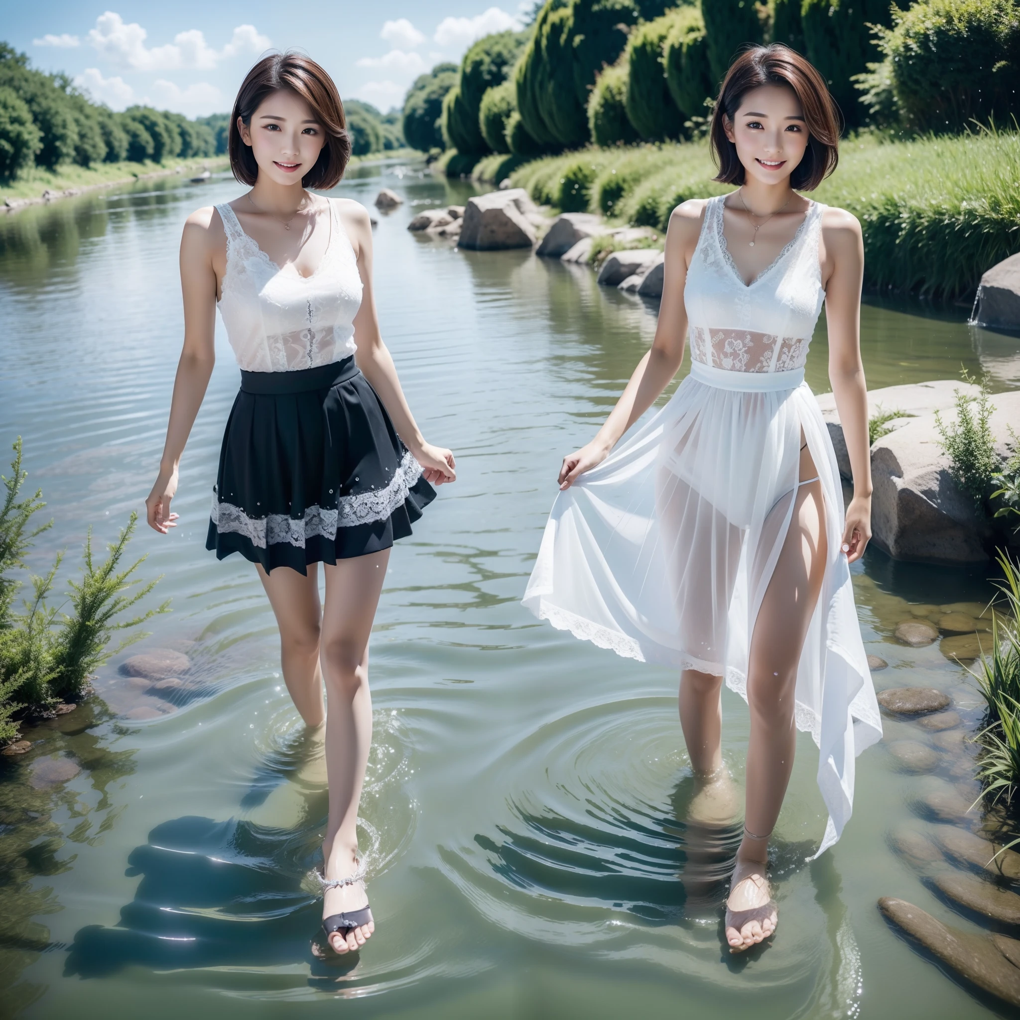 tmasterpiece,hyper HD,1 Beauty by the river,Wear a lace floral skirt,Happy frolicking in the water,The costume is wet,detailed outfits:1.5,Women's super short hair,Delicate hair,Wet hair:1.5,Water droplets hang on fair skin:1.2,Feminine perspective revealed:1.8,Detailed river water,the river is crystal clear:1.5,Full body photography:1.8