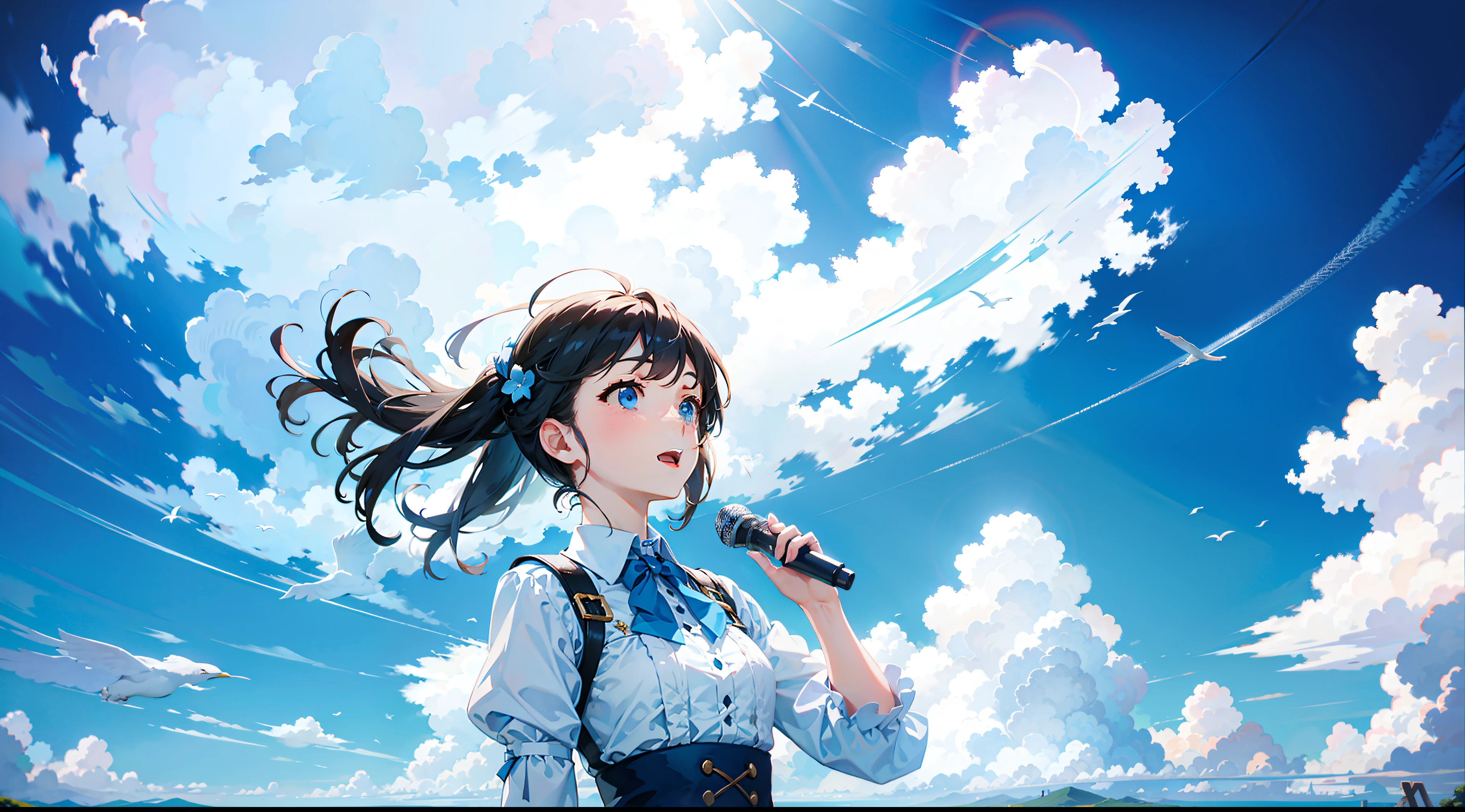 Under the blue sky and white clouds,The girl sings alone
