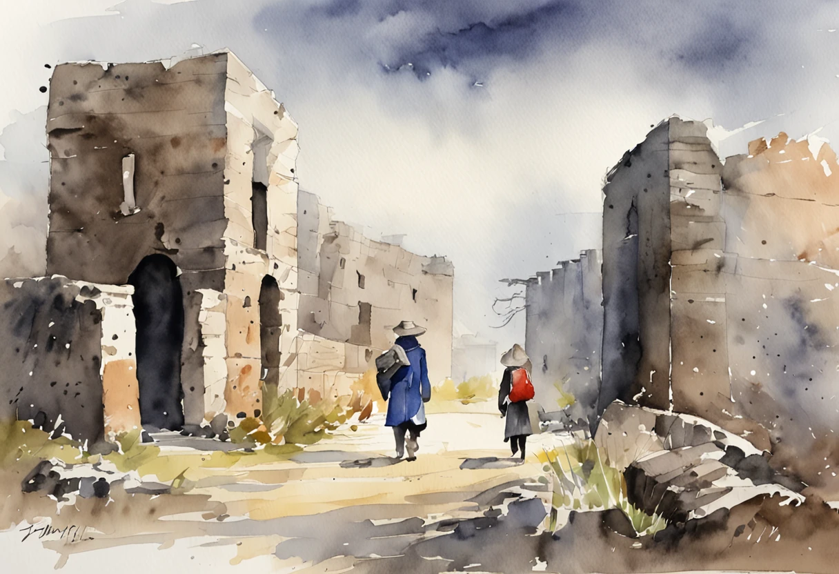 A male student in a student uniform and a female student in a trench coat face away from the photo,Walk through vast ruins,Under a black sky,In the distance, There is a fuzzy black monster in the fog。