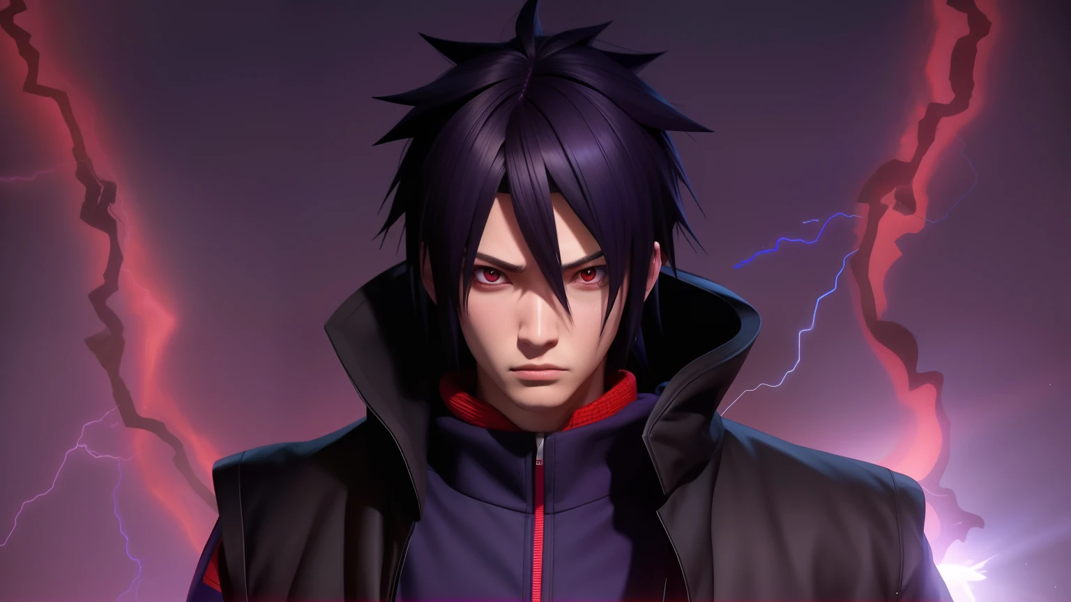 a man in a purple coat with a lightning bolt behind him, sasuke uchiha, madara uchiha, badass anime 8 k, itatchi uchiha, itachi uchiha, estilo anime 4K, Coringa como Naruto, Coringa se parece com Naruto, Epic anime style, he's very menacing and evil, Papel de parede anime 4k, Akira Akatsuki,Aomine Daiki ,Motor Unreal 5 , ray tracing, 3D-rendering