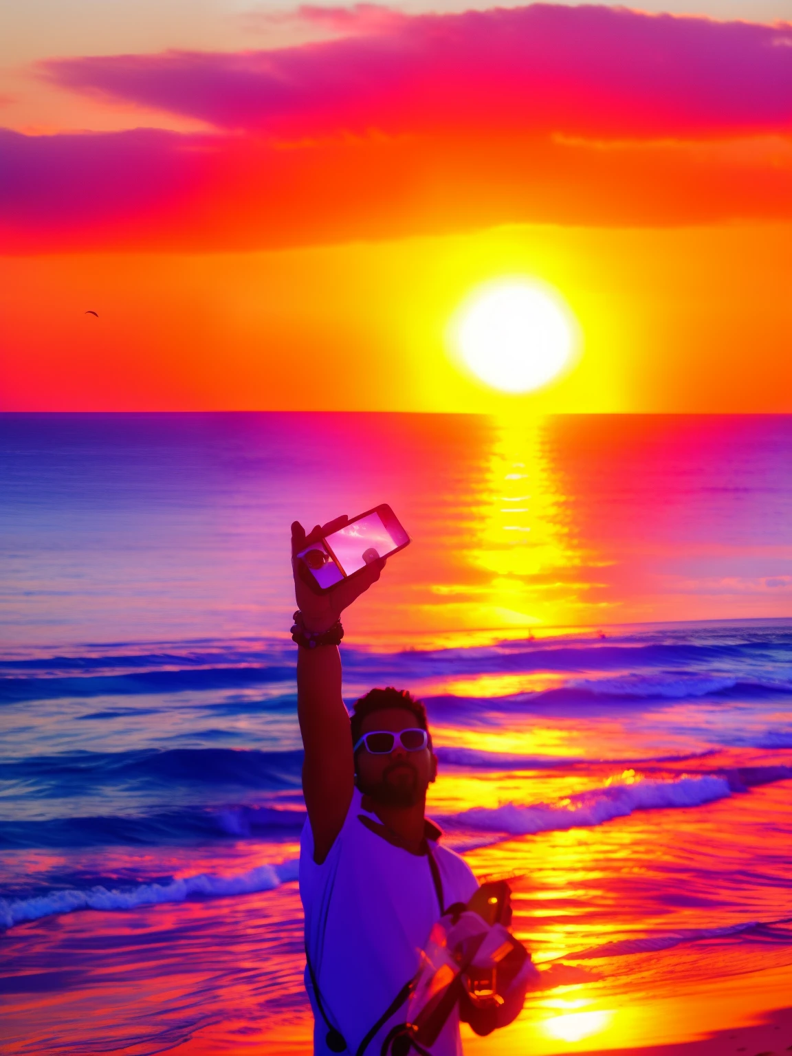 There was a man standing on the beach with a cell phone, With sunset, 8k selfie photograph, photographed, selfie photography, with a sunset, Taking a selfie, self-shot, at beach at sunset, hold up smartphone, the ocean in the background, wave a hand at the camera, smartphone photo, self-shot!!!!! of a man, late sunset