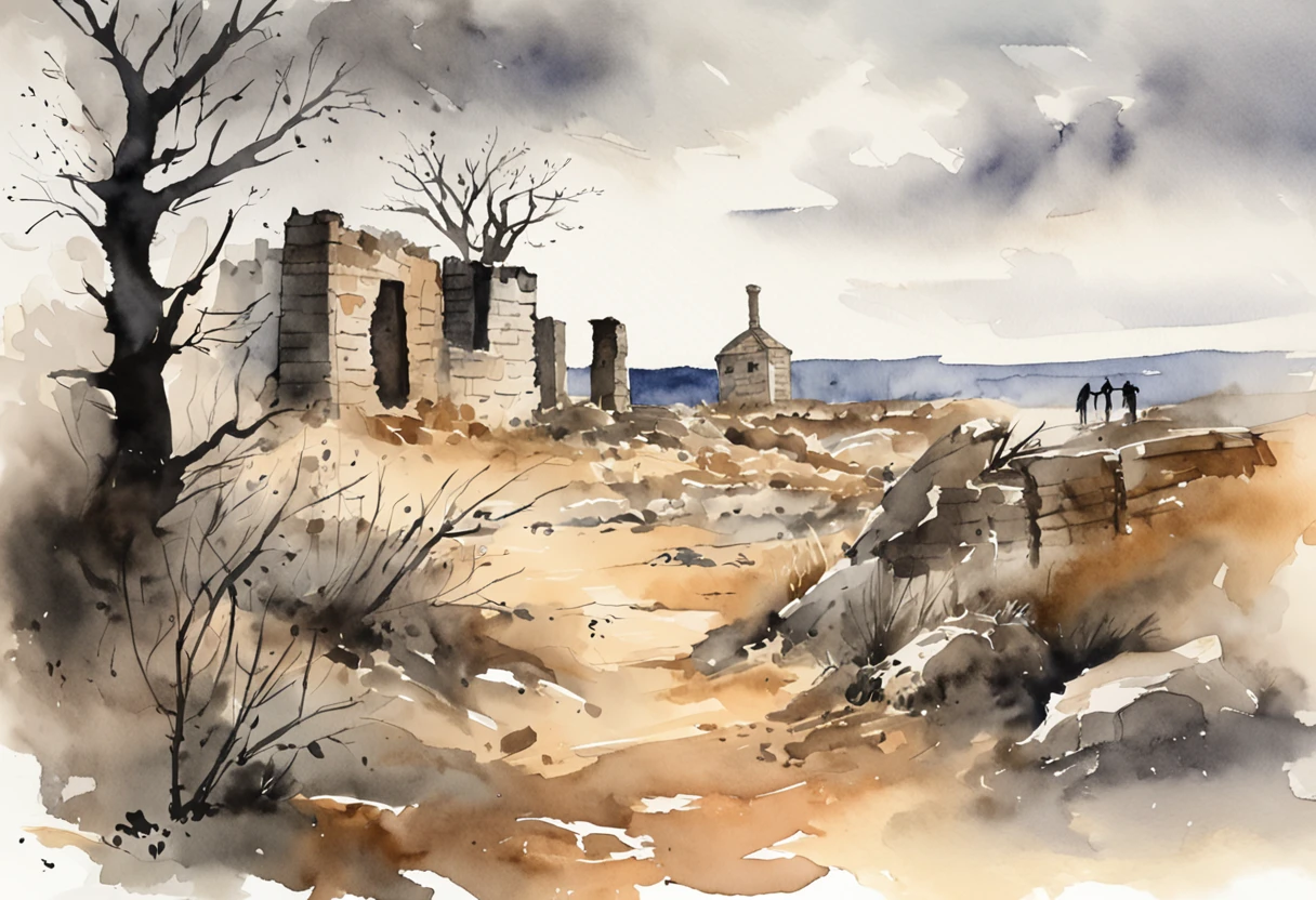 A male student in a student uniform and a female student in a trench coat face away from the photo,Walk through vast ruins,Under a black sky,In the distance, There is a fuzzy black monster in the fog。
