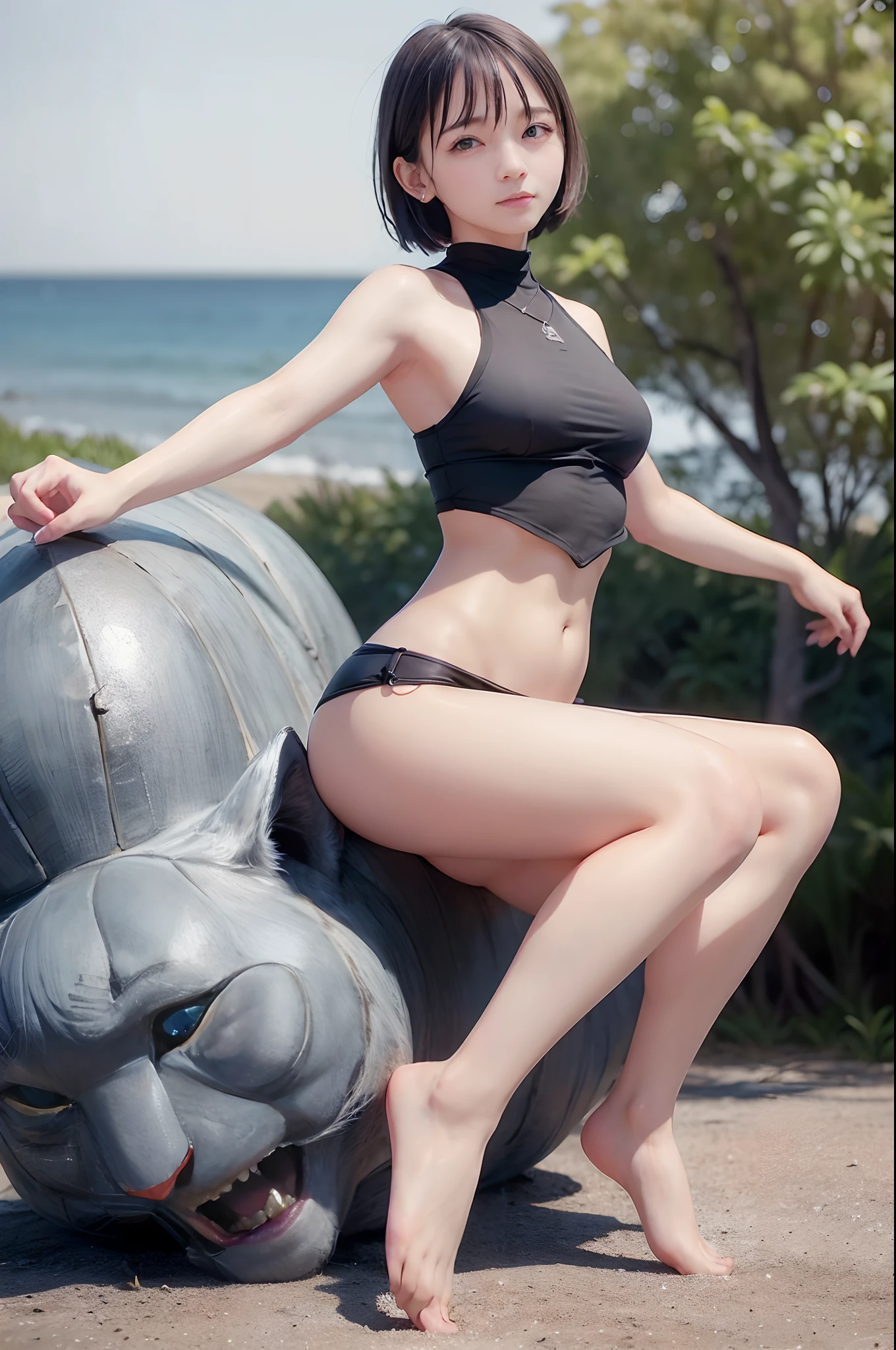 (Best Quality, Masterpiece: 1.1), (Realistic: 1.4), Beautiful girl is riding on the tiger, god ray ,, silver short hair, blue eyes, running on the beach