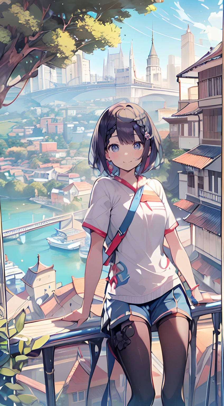 ((thick outline)), thick outline, black outline, curvy, cute, Score_9,Score_8,score_7_up, rating_questionable, best quality, masterpiece, detailed, 2d, flat color, dim body, 1girl, short printed t-shirt, flat_chest, denim skirt, socks, (Japanese cityscape), small breasts, twintail, carrying randoseru backpack