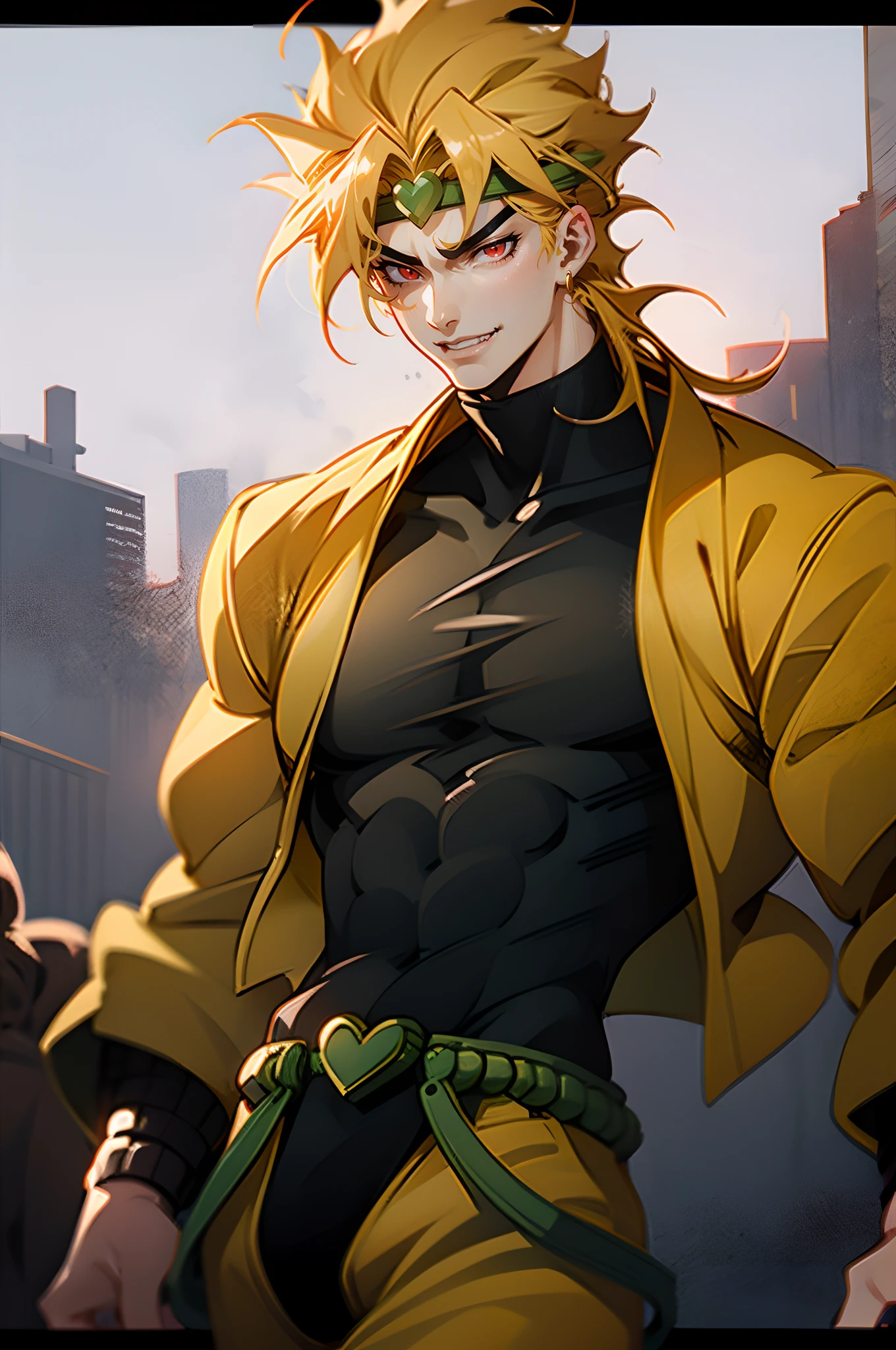 A bad boy, young male, twisted waist with a defiant expression, leopard print pants, shorts, muscular, yellow hair, short hair, handsome, lewd, canine, licking teeth, bad smile, saliva, crotch, scars, band-aids