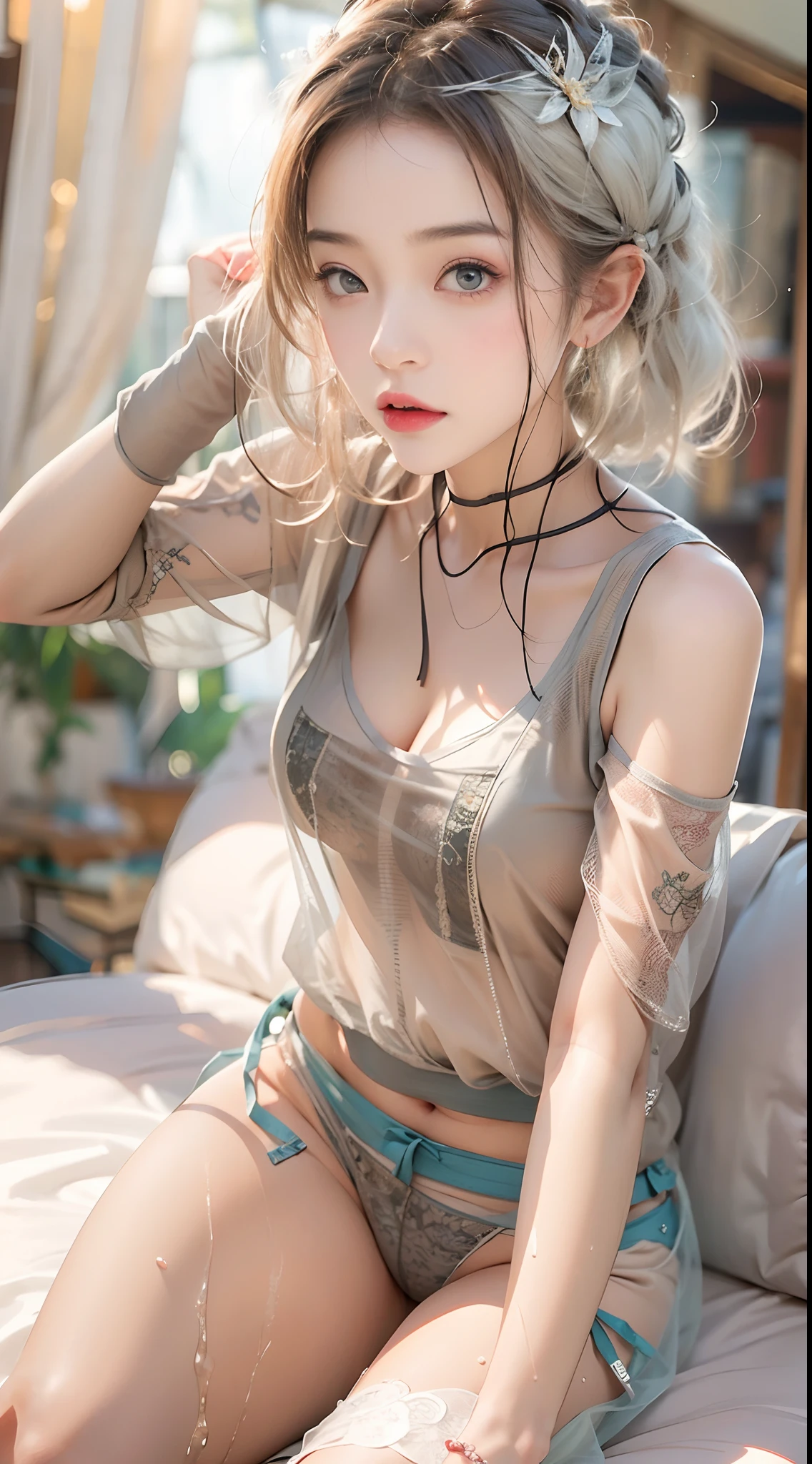 Girl (Masterpiece: 1.4), (8K, Real, Raw Photo, Best Quality: 1.4), Japan Person, (1 Girl), Beautiful Face, (Real Face: 1.4), (Caramel Hair, Long Hair: 1.3), Beautiful Hairstyle, Realistic Blue Eyes, Beautiful Detail Eyes, (Real Skin: 1.3), Beautiful Skin, Attractive, Ultra High Resolution, Ultra Realistic, High Definition, Golden Ratio, (Detailed Face: 1.4), (Anna Tanaka), Wet and sheer tank top, short hair, wet and see-through white see-through panties, NSFW, nipple areola shape clear, look here, sitting on the couch, pubic area shape is transparent and clear, sweat drenched, pose (knees bent and legs wide open), clear unevenness of body, hands in panties