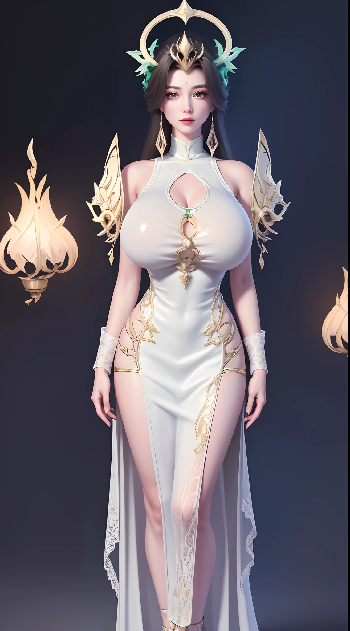 ultra realistic 8k cg, flawless, clean, masterpiece, professional artwork, famous artwork, cinematic lighting, cinematic bloom, perfect face, beautiful face, fantasy, dreamlike, unreal engine 5, science fiction, lace, lace trim, lace-trimmed legwear, luxury, jewelry, diamond, gold, pearl, gem, sapphire, ruby, emerald, intricate detail, delicate pattern, charming, alluring, seductive, erotic, enchanting, hair ornament, necklace, earrings, bracelet, armlet,autumn.
((,1girl, pov,best quality,)) ,((((,1girl, solo, shiny skin, huge fake breasts:1.5, goddess dress, half body, looking at viewer, standing))))