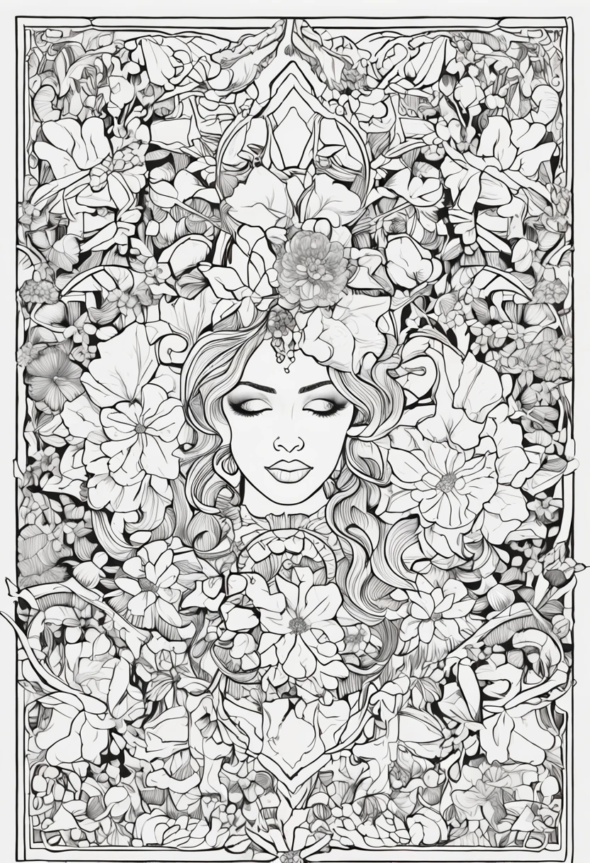 Flores e deusa, Ploynésia, Jardim, book page coloring art, fundo branco completo, Use only the outline, arte de linha, livro para colorir, Arte de linha limpa, Mandala para colorir com enfeites da natureza, arte de linha simples e limpa, coloring book page, adornado em estilo Art Nouveau, com um toque de pincel de Alfons Mucha, detalhes perfeitos, real.