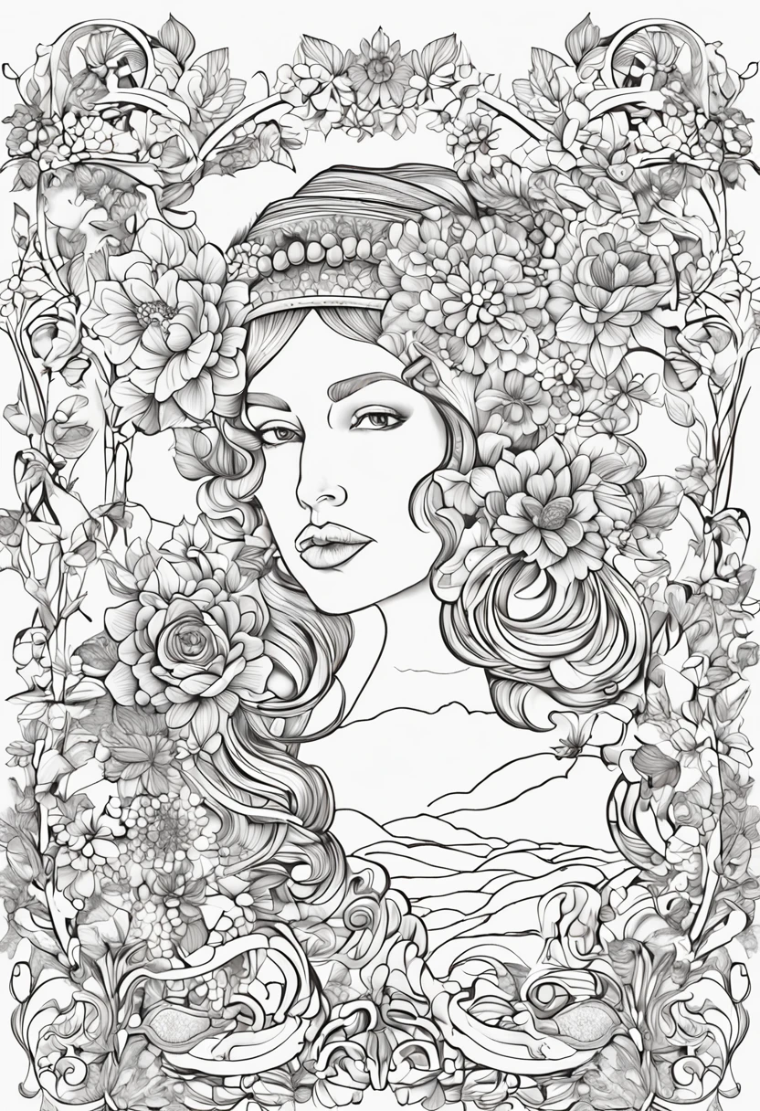Flores e deusa, Ploynésia, Jardim, book page coloring art, fundo branco completo, Use only the outline, arte de linha, livro para colorir, Arte de linha limpa, Mandala para colorir com enfeites da natureza, arte de linha simples e limpa, coloring book page, adornado em estilo Art Nouveau, com um toque de pincel de Alfons Mucha, detalhes perfeitos, real.
