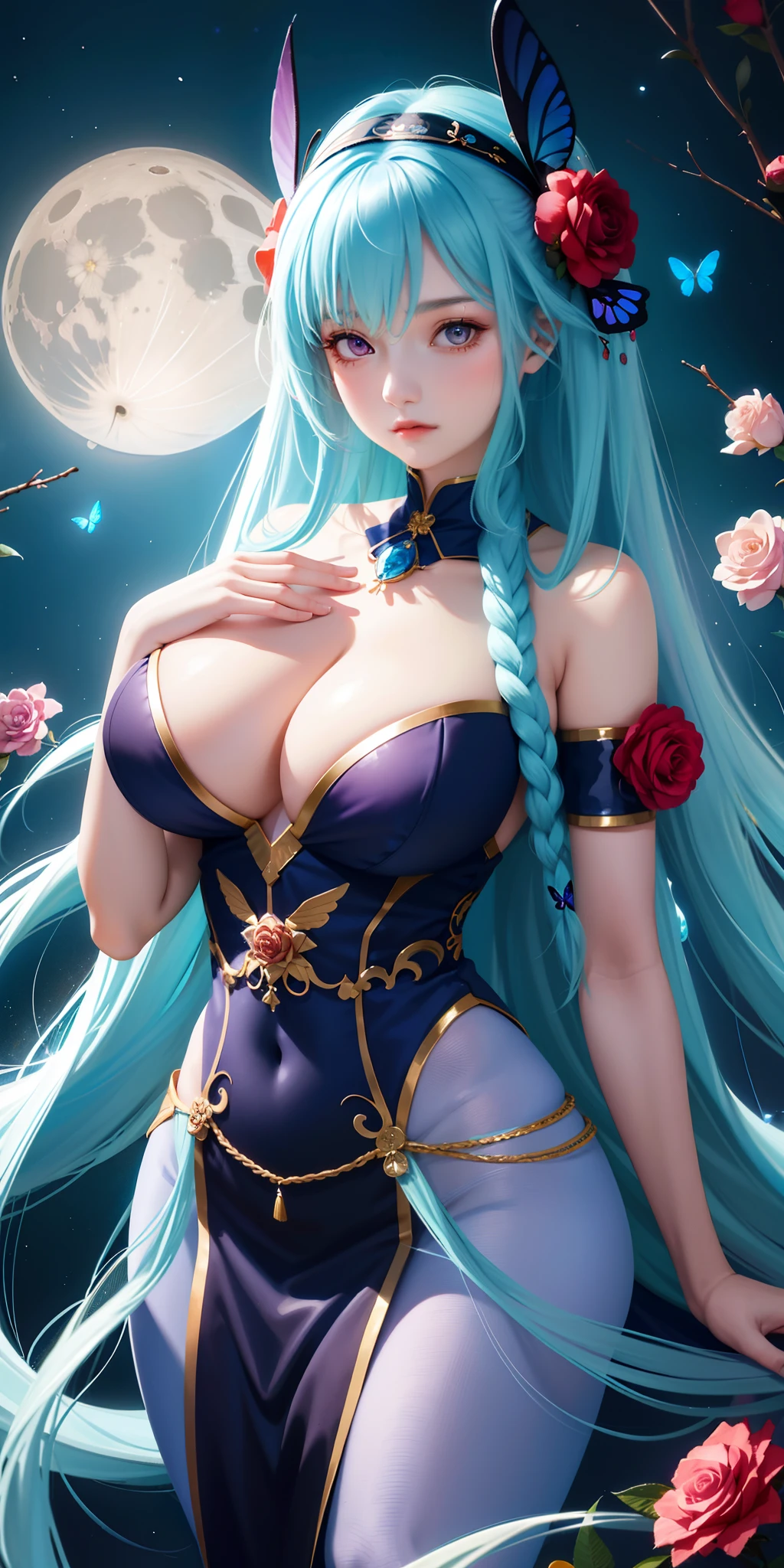 big breasts, ((1beautiful girl)) blue hair braids, butterflies, long hair, 8k wallpaper, detailed background, high resolution, deep big breasts, hair covers one eye, headband fantasy anime clothing, mystic shrine background, purple roses, tight fitting, Themoon, magic