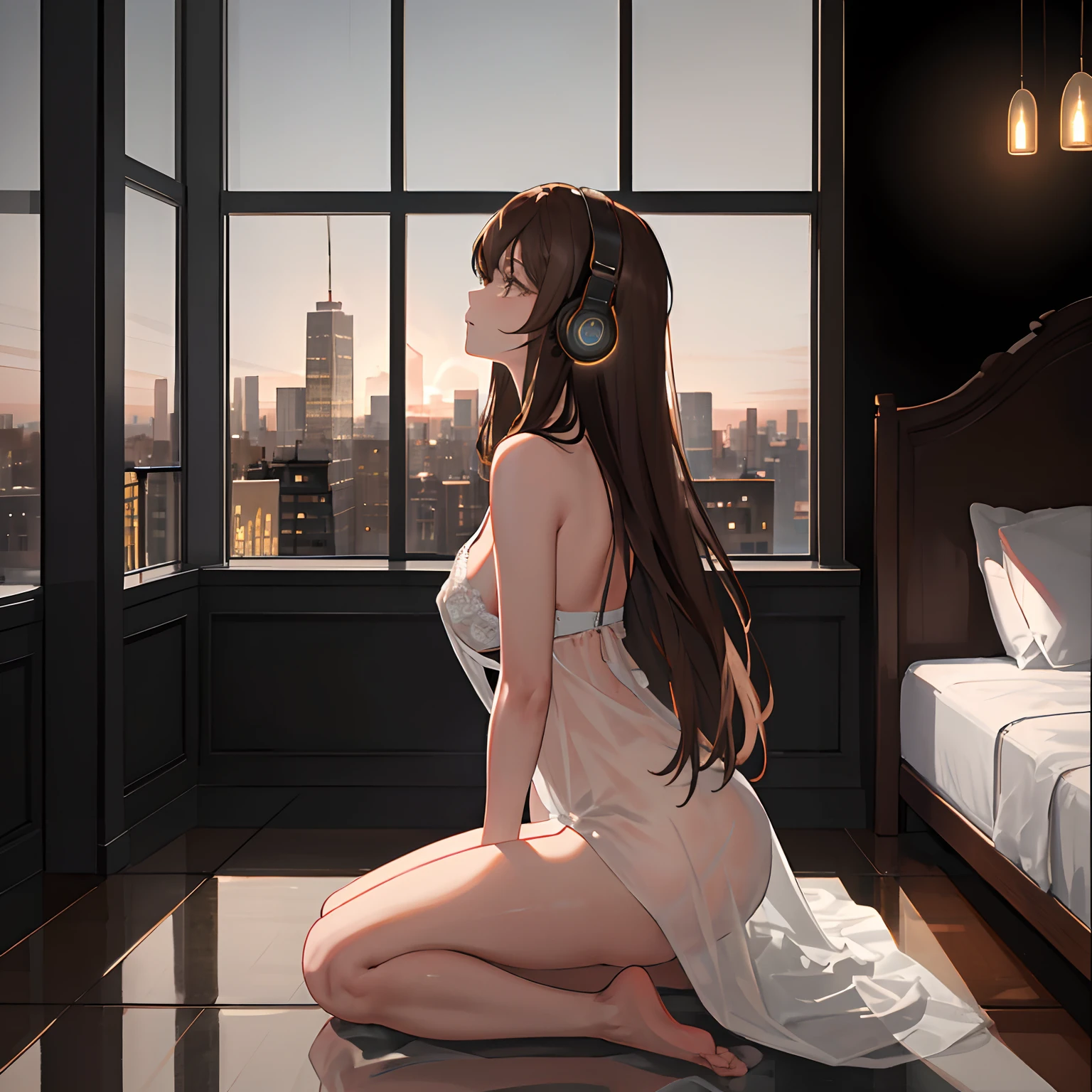 (masterpiece, sidelighting, ultra-detailed, finely detailed beautiful eyes: 1.2), 1girl, one beautiful girl, highly detailed face, tan skin, building, from side, headphones, bra, long hair, brown hair, profile, solo, large modern high rise hotel room, large modern high rise hotel room interior, full body, Masterpiece, best quality, night time, 2 legs, dramatic lighting, looking out window, floor to ceiling windows, modern furniture, minimalistic interior