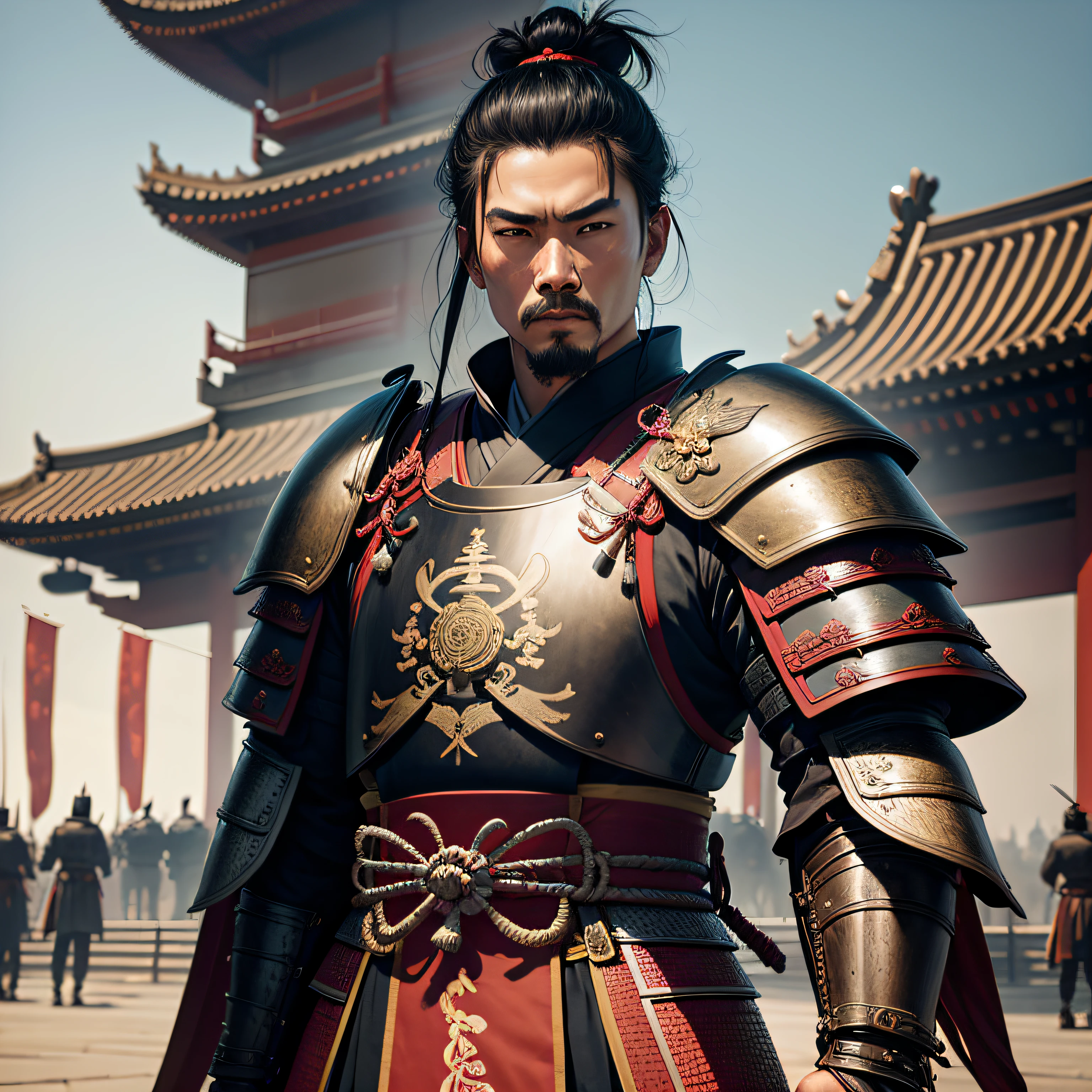 A samurai wearing Chinese Ming Dynasty armor,Stand in front of Di'anmen,Realistic scenes with great texture。 --auto