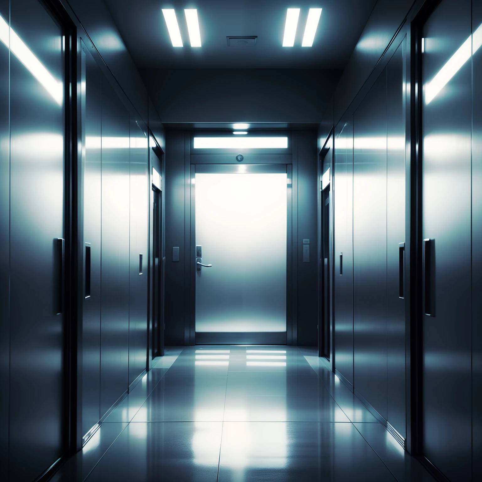 Metal elevator,Specular reflections,The lights are bright,empty of people