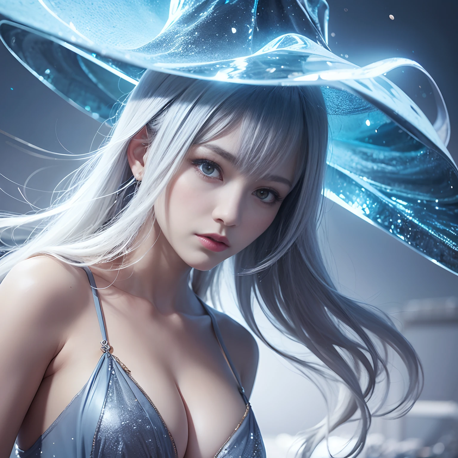 closeup cleavage,Female ice mage,Sky blue and gray curls,gossamer dress,The expression is cold,low angle shot, ice mountain,Fantasyart,detail-rich,电影灯光,real photograph,SLR camera,(Very detailed, reasonable design, Clear lines, High sharpness,Best quality, Masterpiece, 4K:1.2 )