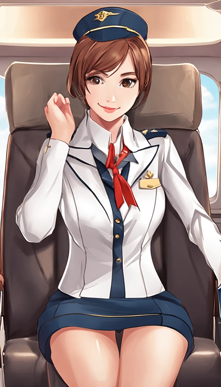 (best quality, masterpiece:1.2), (extremely intricate detail),high sharpness,extremely delicate and beautiful, beautiful and aesthetic,flight attendant,flight stewardess, airline stewardess,on the airliner,stewardess uniform,showing panties,stewardess ,big breasts,,nice hairstyle,with hair up,charming face,yellowish brown hair,