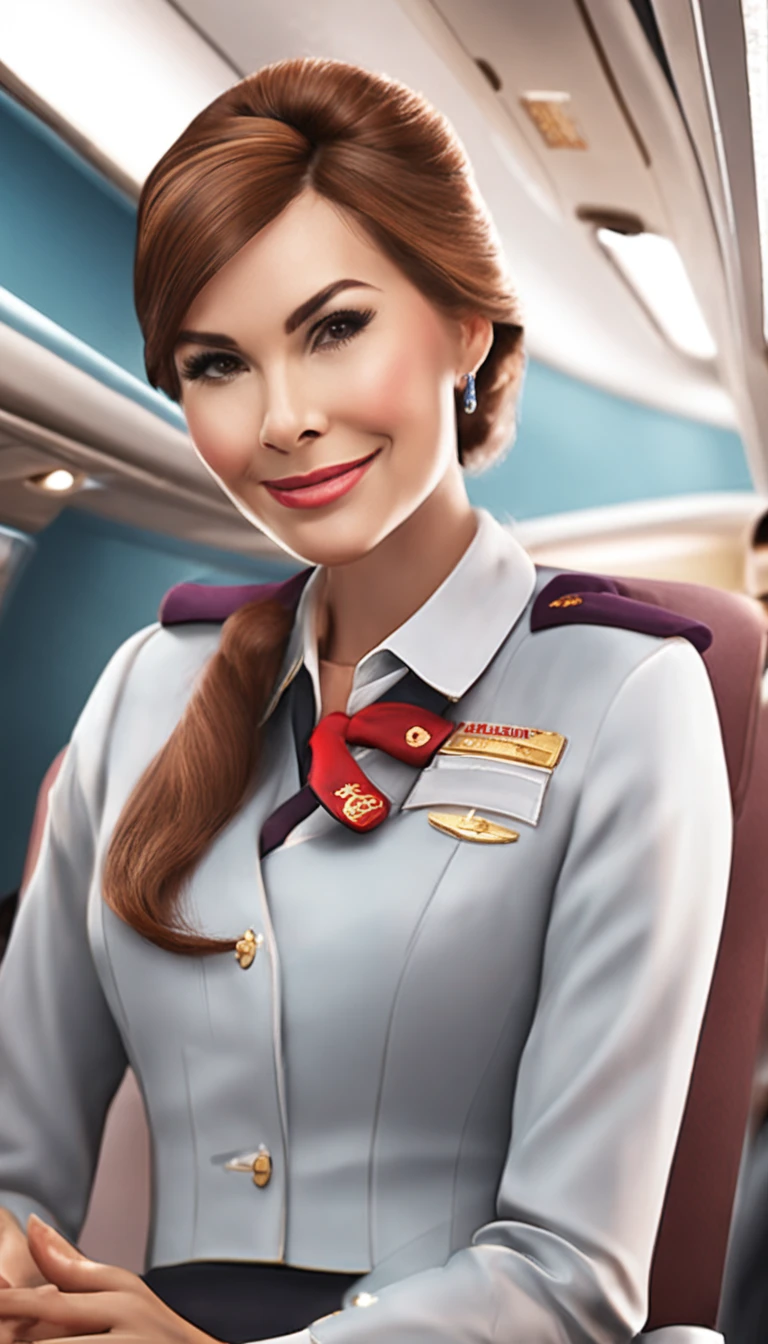 (best quality, masterpiece:1.2), (extremely intricate detail),high sharpness,extremely delicate and beautiful, beautiful and aesthetic,flight attendant,flight stewardess, airline stewardess,on the airliner,stewardess uniform,showing panties,stewardess ,big breasts,,nice hairstyle,with hair up,charming face,yellowish brown hair,