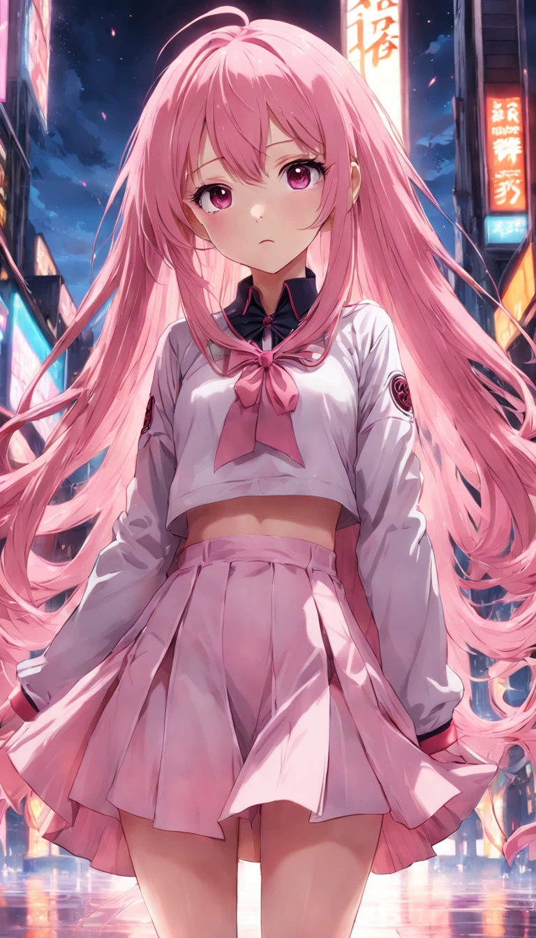 Female anime style, long pink hair, Glued short skirt,