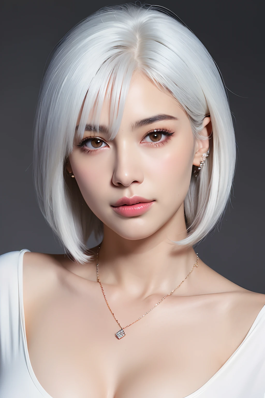 (extra detailed body、extra detailed face、best qualtiy:1.2)、femele、looking at the viewers、c、Raw photography、top-quality: 1.4)、(1girl in)、beautiful expression、(Lifelike face)、(White hair、Fancy piercings、a necklace、short-hair:1.3)、Beautiful hairstyle、realisticeyes、Beautiful details、（real looking skin）、Beautiful skins、（Thin shirt）、absurderes、enticing、超A high resolution、A hyper-realistic、high-detail、the golden ratio、Sheer areola