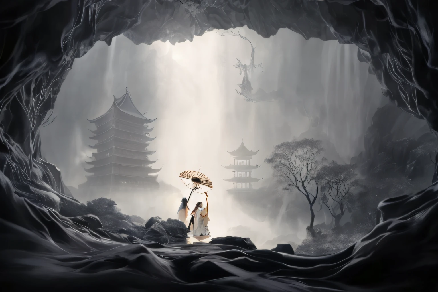 There was a woman holding an umbrella in the cave, black and white matte painting, Chinese fantasy, surreal matte painting, matte digital painting, Illustration matte painting, matte painting in fantasy style, dreamlike digital painting, Oriental fantasy, fantasy matte painting，Cute, organic matte painting, fantasy matte painting, digital painting of a pagoda, dreamy matte painting, Matte fantasy painting