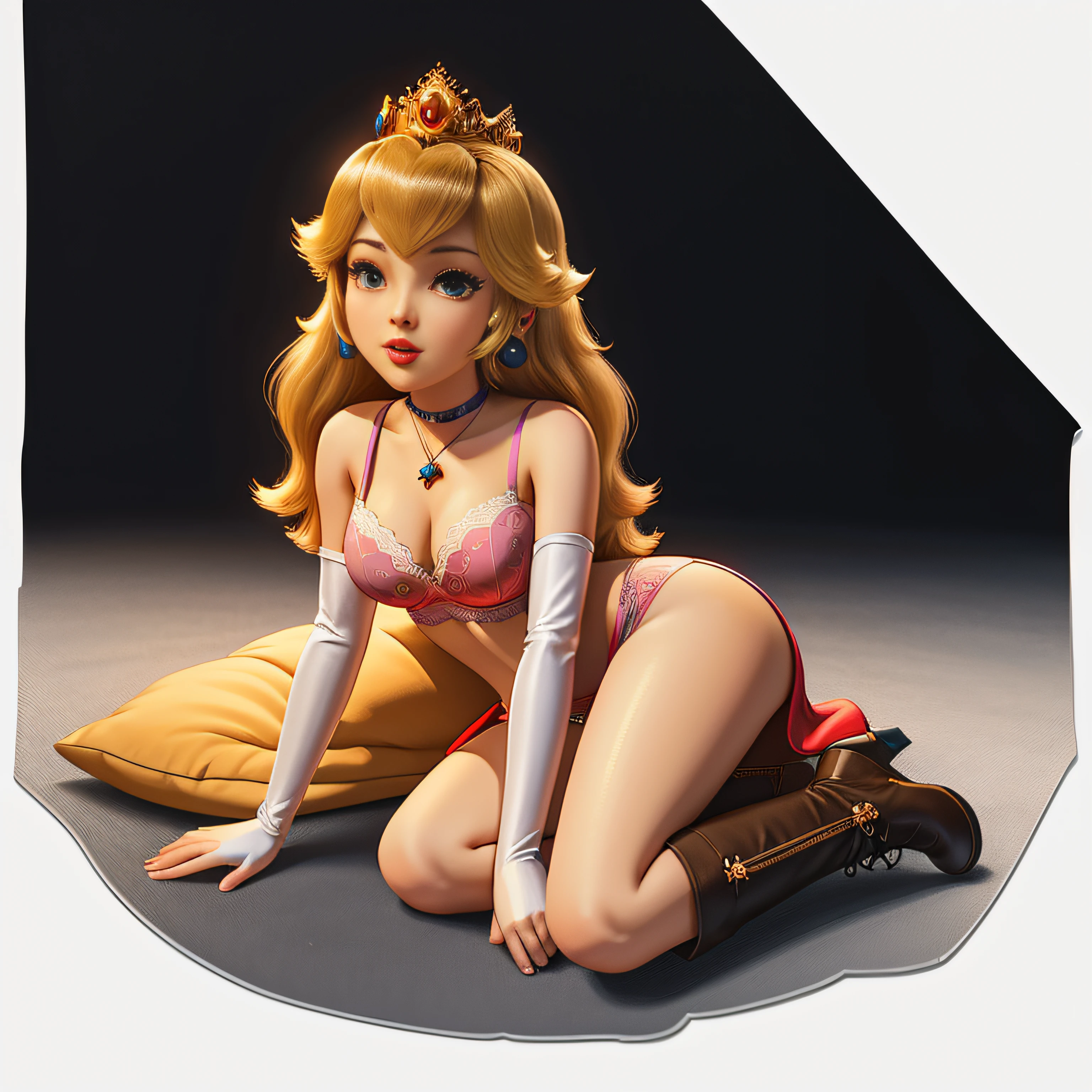 STICKER, A detailed illustration of a vivid Sexy Princess Peach from Nintendo lying down in a very sexy bra and panties under a transparent dress, Solo Female, Full Body View, high heeled boots, vintage t-shirt design, in the style of hand drawing, 3D vector art, fantasy art, watercolour effect, Adobe Illustrator, hand-drawn, digital painting, low-poly, soft lighting, isometric style, retro aesthetic, focused on the character, 4K resolution, photo realistic rendering, using Cinema 4D,