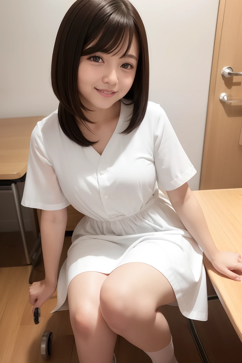 Photo Real、photoRealstic straight haired、shorth hair、hime-cut、Himecut、Blunt bangs、side locks、Side lock to cover the cheeks、Inner winding side lock drooing eyes、big eye、The contours of the face are round、a 30-years old、young body、Soft thighs、Infirmary Teacher Rough dress、white dres、shortpants、耳Nipple Ring Adult Pose、gently smiling、Laughing expression、Smiling Background with、Infirmary、Large room