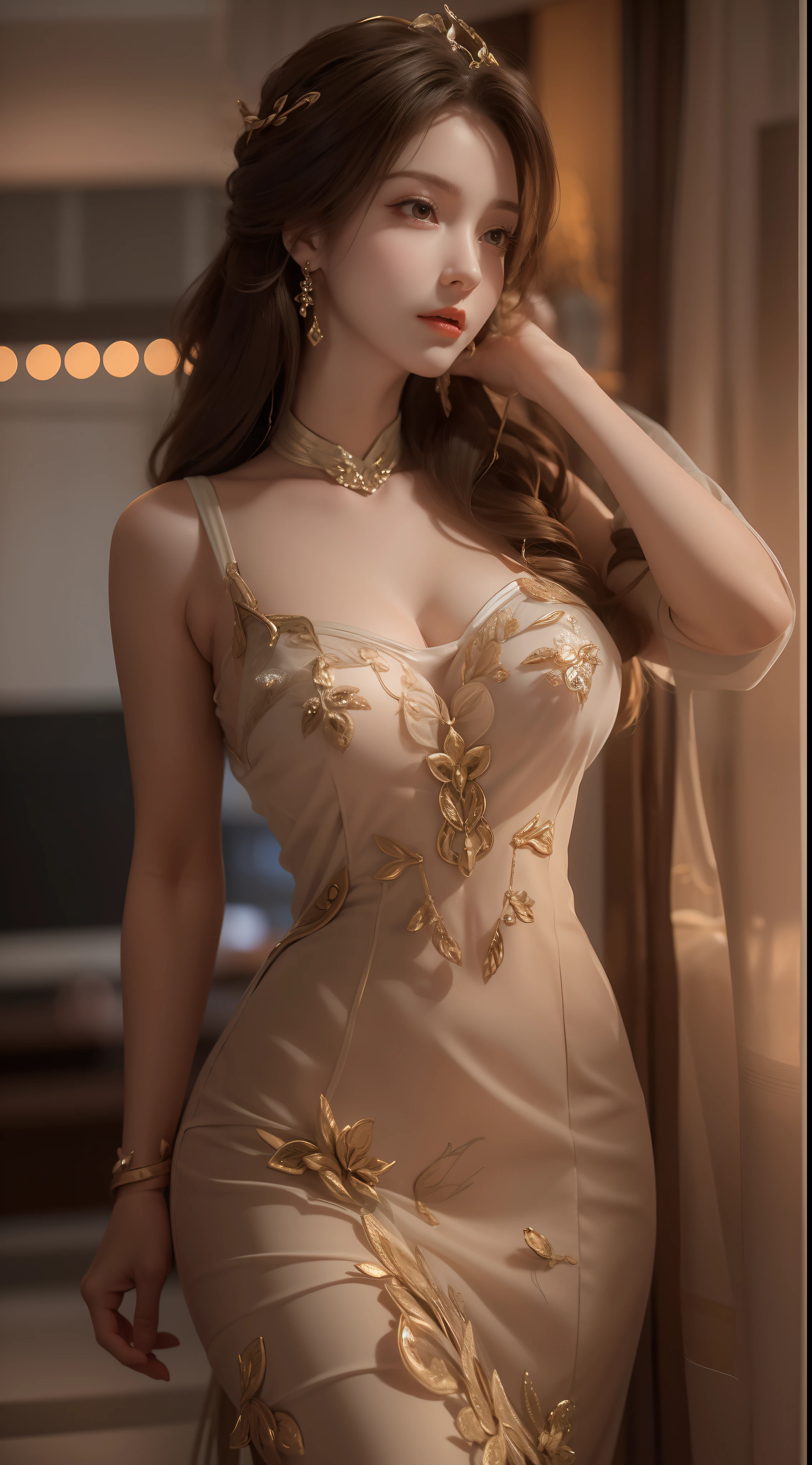 tmasterpiece,Best picture quality,HD 8K wallpaper,Beautiful picture,Elegant single woman,Round dress,Shiny eyes,Detail at its best,An exquisite masterpiece,Pure beauty and lightness,Moderately aesthetic,Gentle and elegant,Attention to detail,Reddish brown lace round dress,Immortal,huge tit,Sitting,Full body capture,