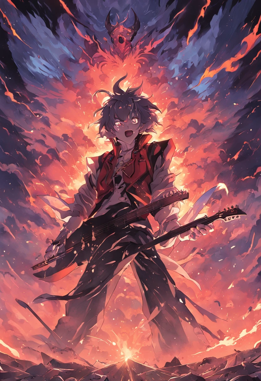 Heavy Metal Album Covers,The devil plays guitar in front, Ruins and storms on the background of clouds