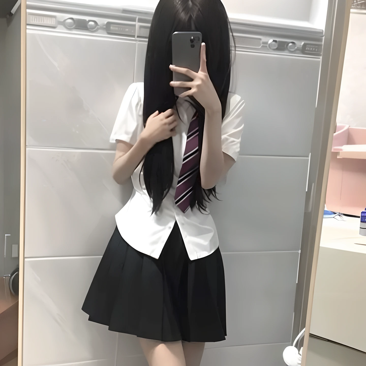 there is a woman taking a selfie in a bathroom mirror, japanese girl school uniform, Magical school student uniform, JK school uniform, Japanese school uniform, wearing a Japanese school uniform, in school uniform, ulzzangs, seifuku, loose coat collar sailor uniform, magic school uniform, in school uniform, school uniform, Anime girl in real life, girl in uniform